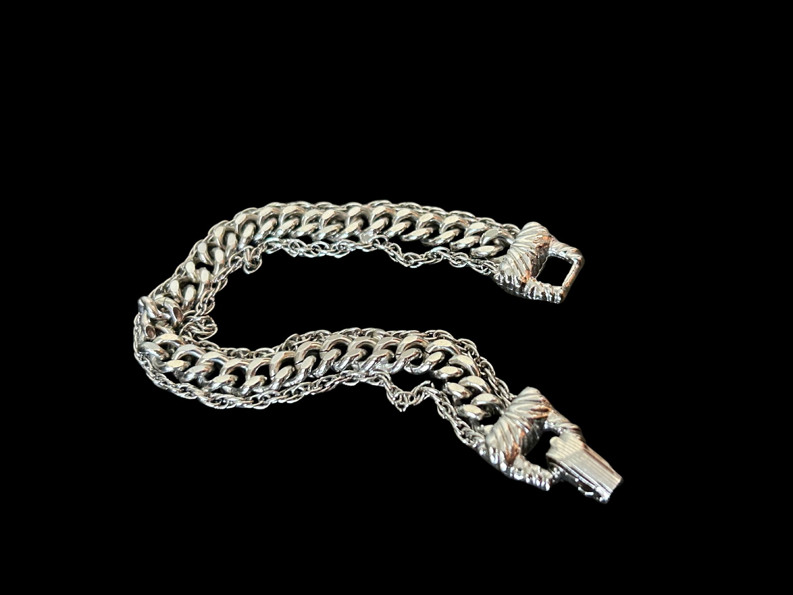 Vintage Goldette Nyc Silver-Tone Double Curb Link Bracelet With Figural Clasp | Victorian Revival Co - 6