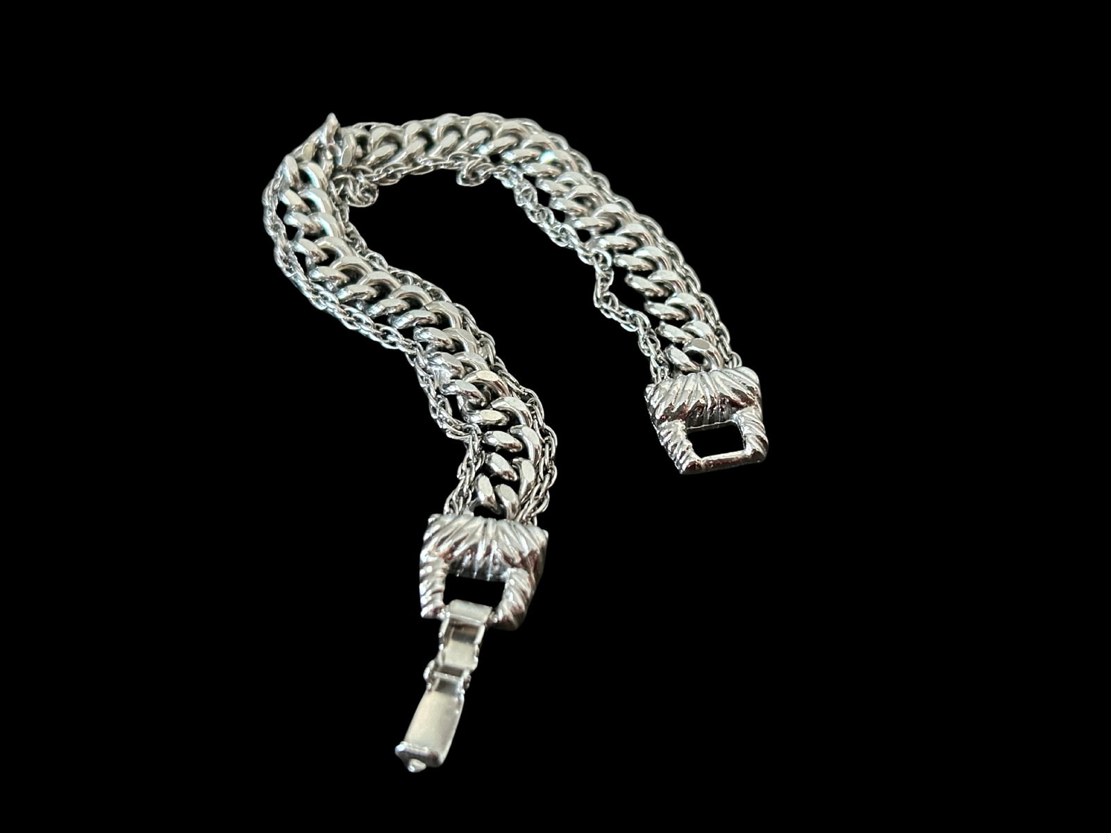 Vintage Goldette Nyc Silver-Tone Double Curb Link Bracelet With Figural Clasp | Victorian Revival Co - 8