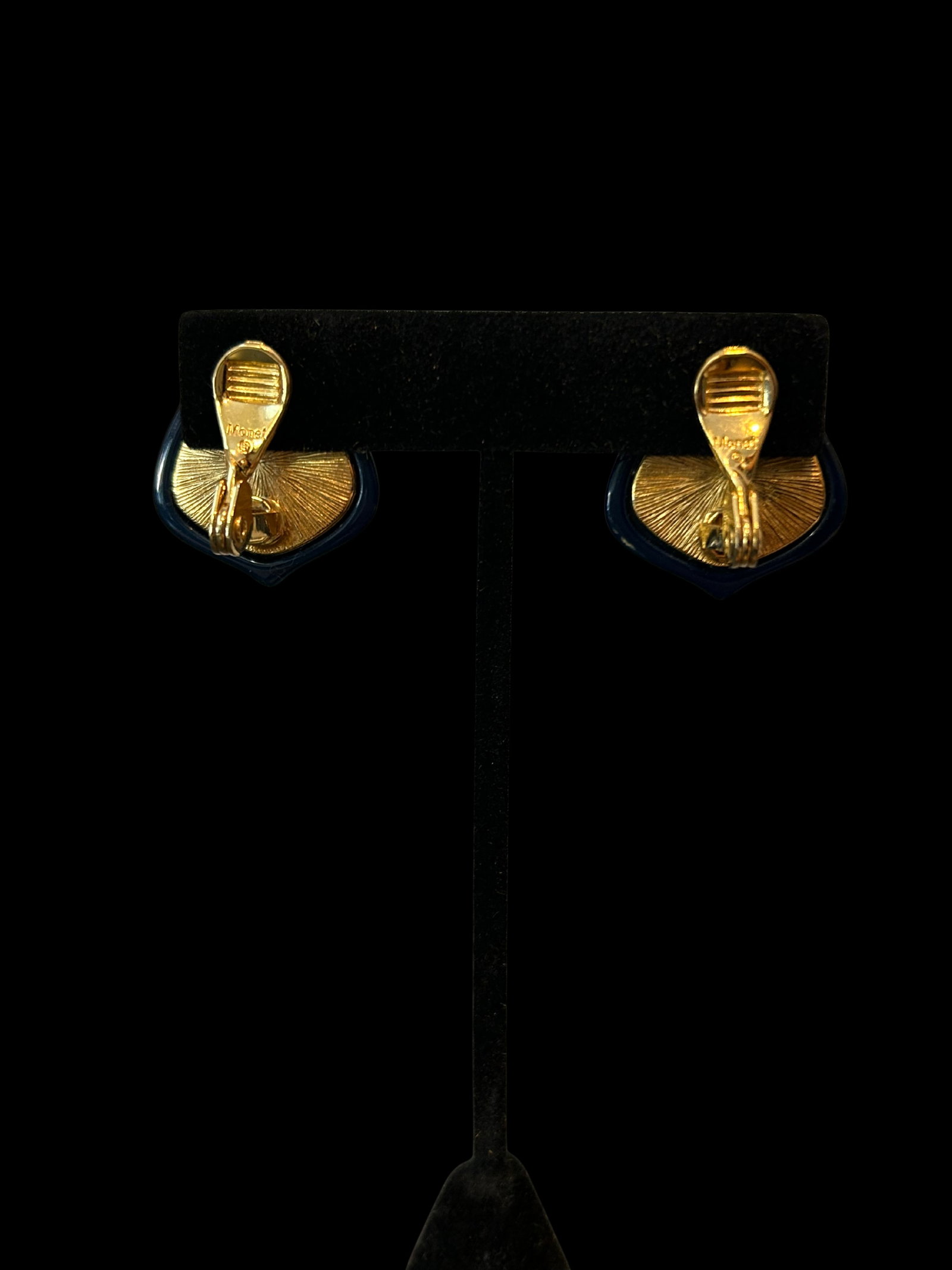 Vintage Monet Blue Cabochon Clip-on Earrings | Gold-Tone Setting | Signed Monet | Classic Designer C - 6