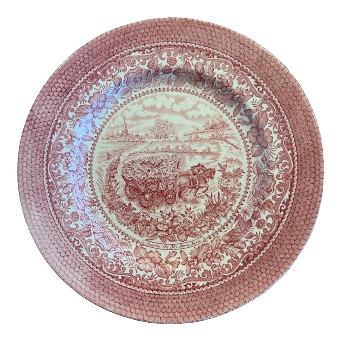 1970s Johnson Bros. "Four Seasons – Summer (On the Home Farm)" Red Transferware Plate: Classic English ironstone dinner plate in the beloved Four Seasons – Summer (On the Home Farm) pattern by Johnson Bros. Rendered in rich red transferware, the pastoral scene features a horse-dra