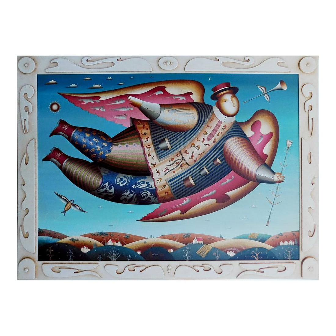 Anton Arkhipov Floating Angel Original Painting Artwork Art Listed Artist Frame: Floating Angel (framed) by Anton Arkhipov Original Mixed Media on Canvas Image Size : 59" x 79" Framed size : 72" x 92" Hand signed by the artist Condition: Excellent condition including Frame