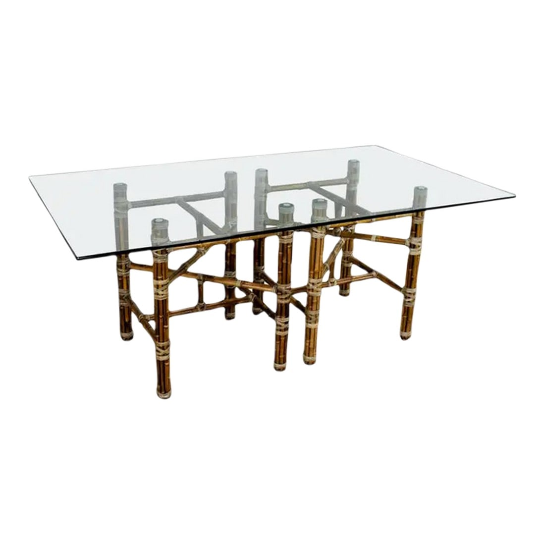 Late 20th Century Campaign Style Double Pedestal Dining Table by McGuire Bamboo Bases & Glass Top (1 of 18)