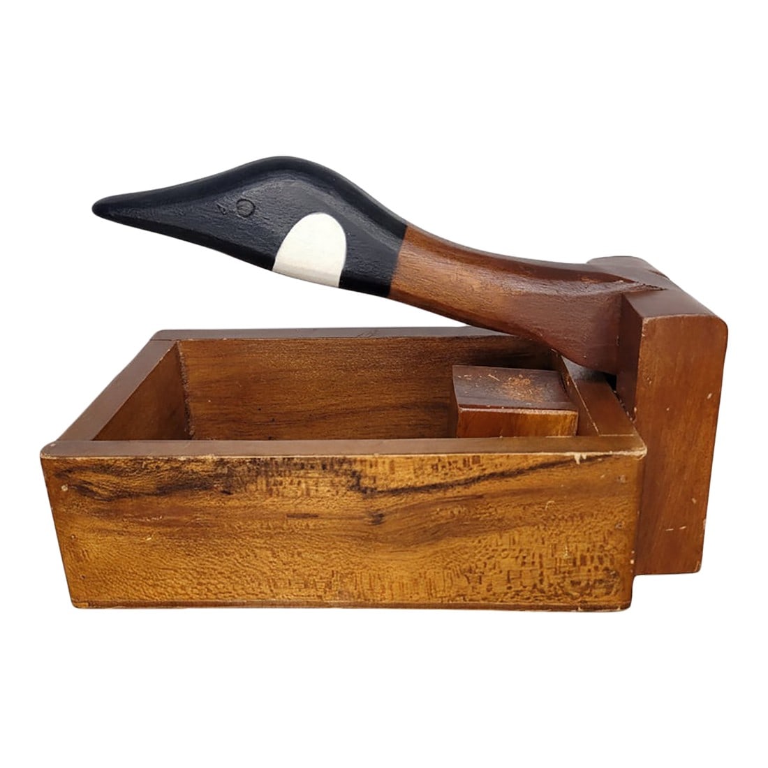 Vintage Hand-Carved Philippine Mahogany Goose Nutcracker & Serving Box: Add a touch of whimsical folk art to your holiday table or cabin decor with this vintage hand-carved goose nutcracker. Expertly crafted in the Philippines, this piece features a Canadian Goose with a