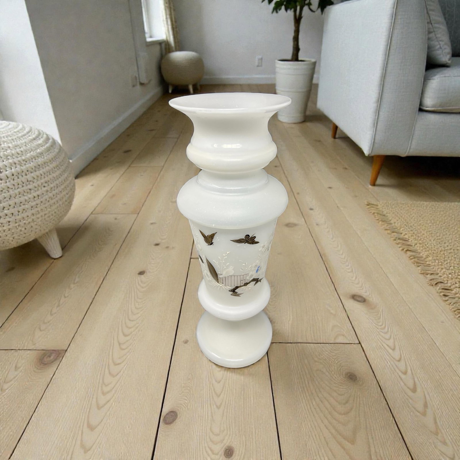 Antique Opaline Milk Glass Vase With Hand Painted Butterflies Circa 1890 - 11