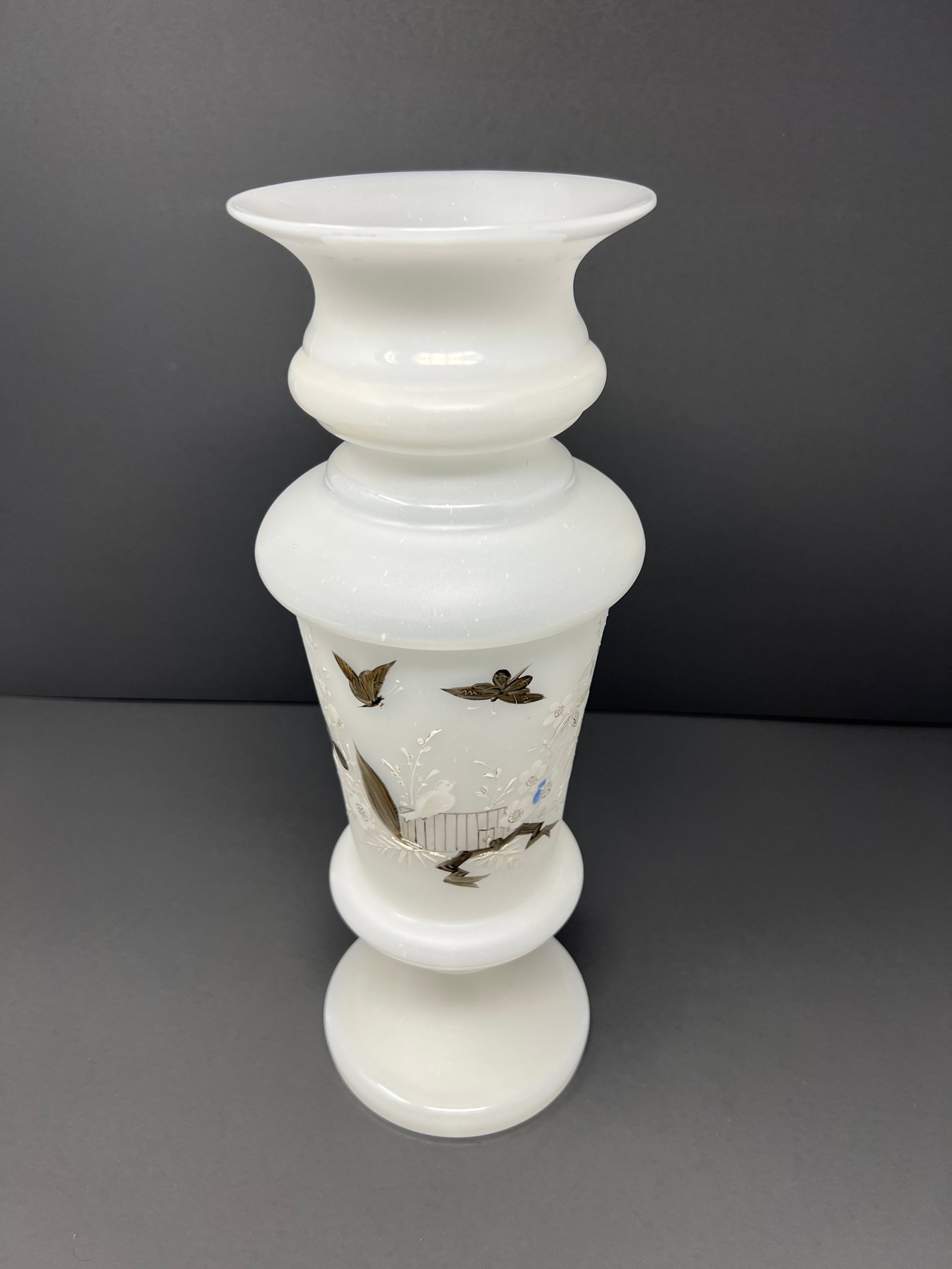 Antique Opaline Milk Glass Vase With Hand Painted Butterflies Circa 1890 - 2