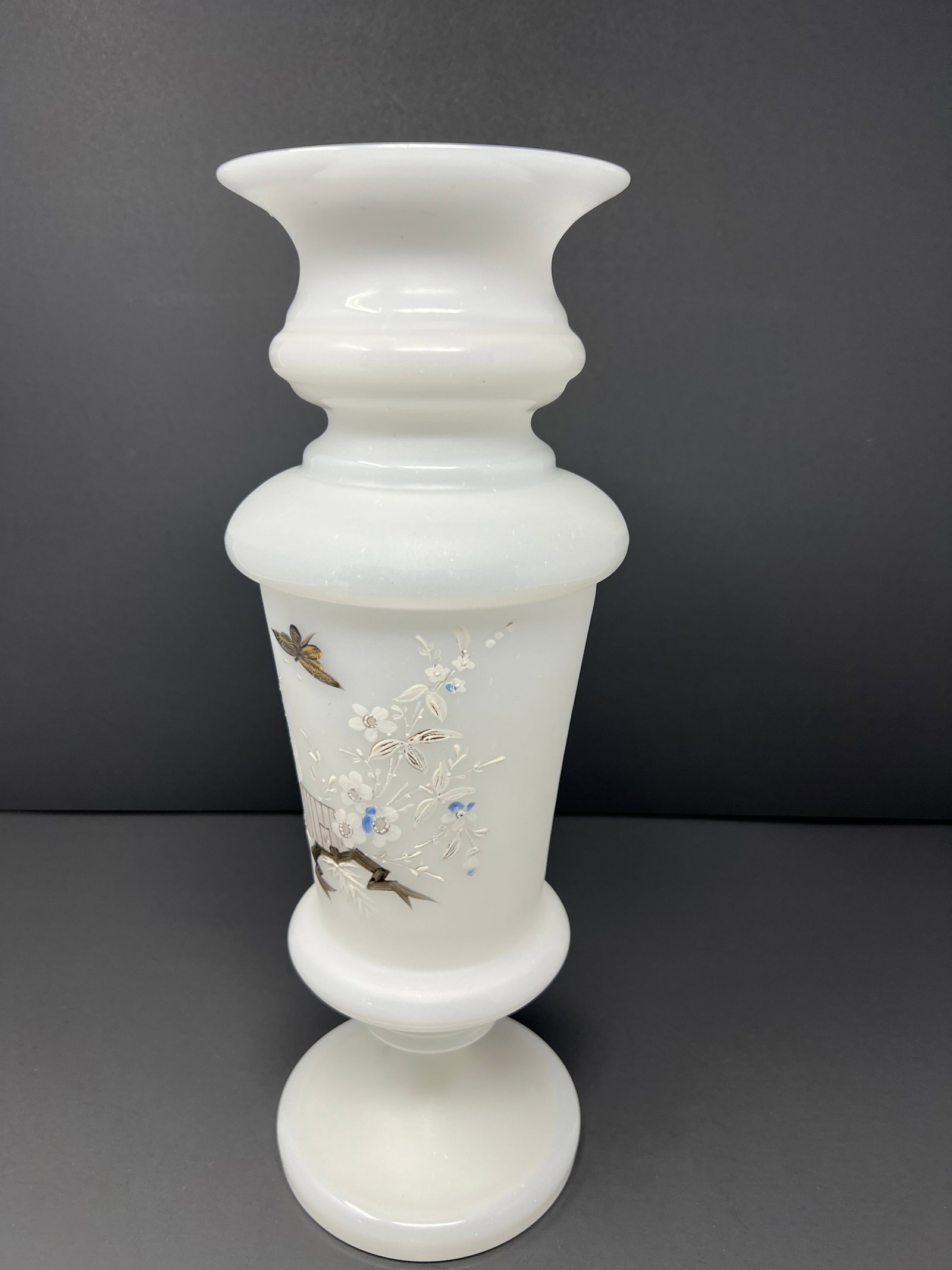 Antique Opaline Milk Glass Vase With Hand Painted Butterflies Circa 1890 - 3