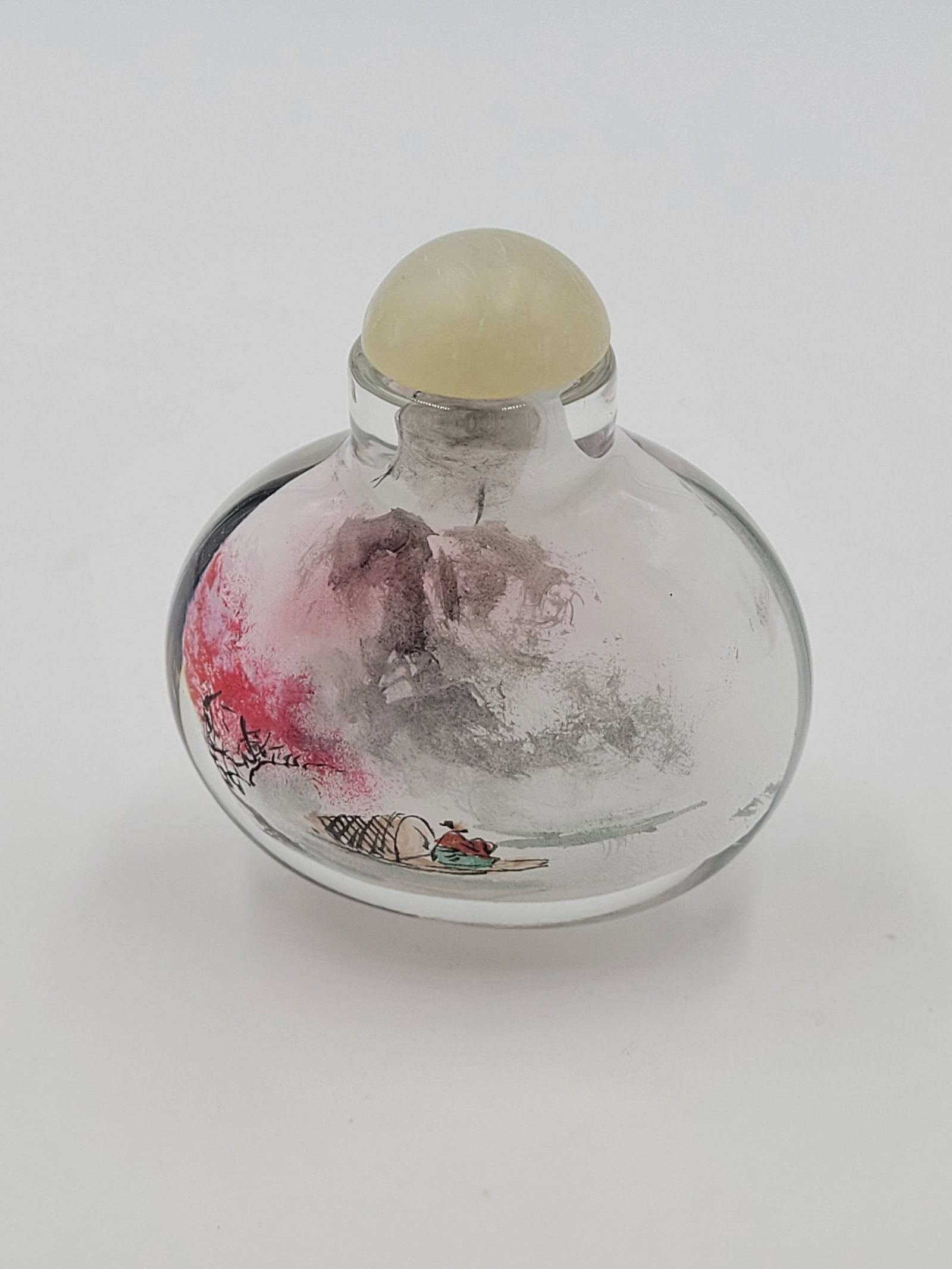 Vintage Chinese Inside-Painted Glass Snuff Bottle Fisherman & Pink Blossom Landscape - 10
