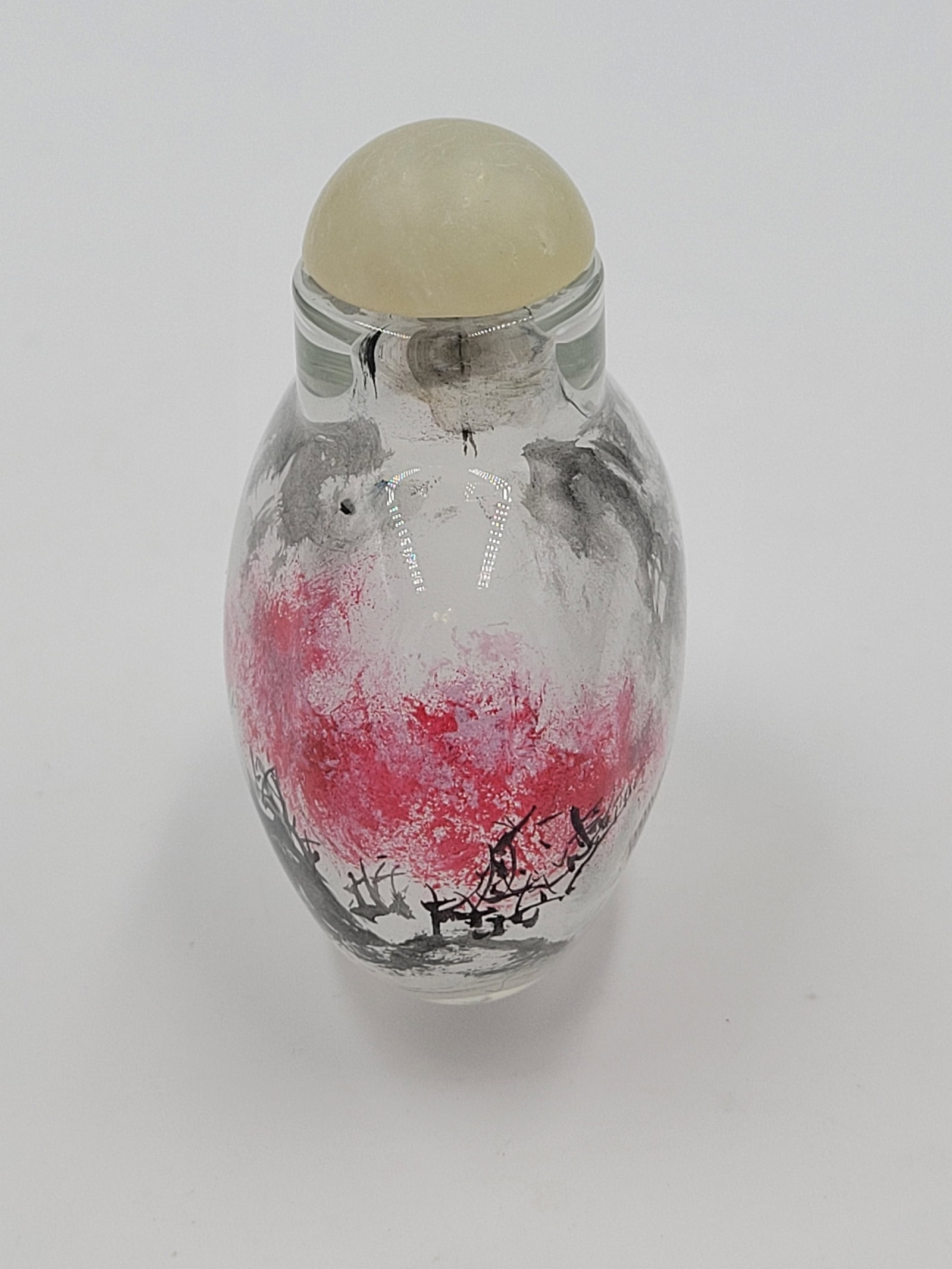 Vintage Chinese Inside-Painted Glass Snuff Bottle Fisherman & Pink Blossom Landscape - 4