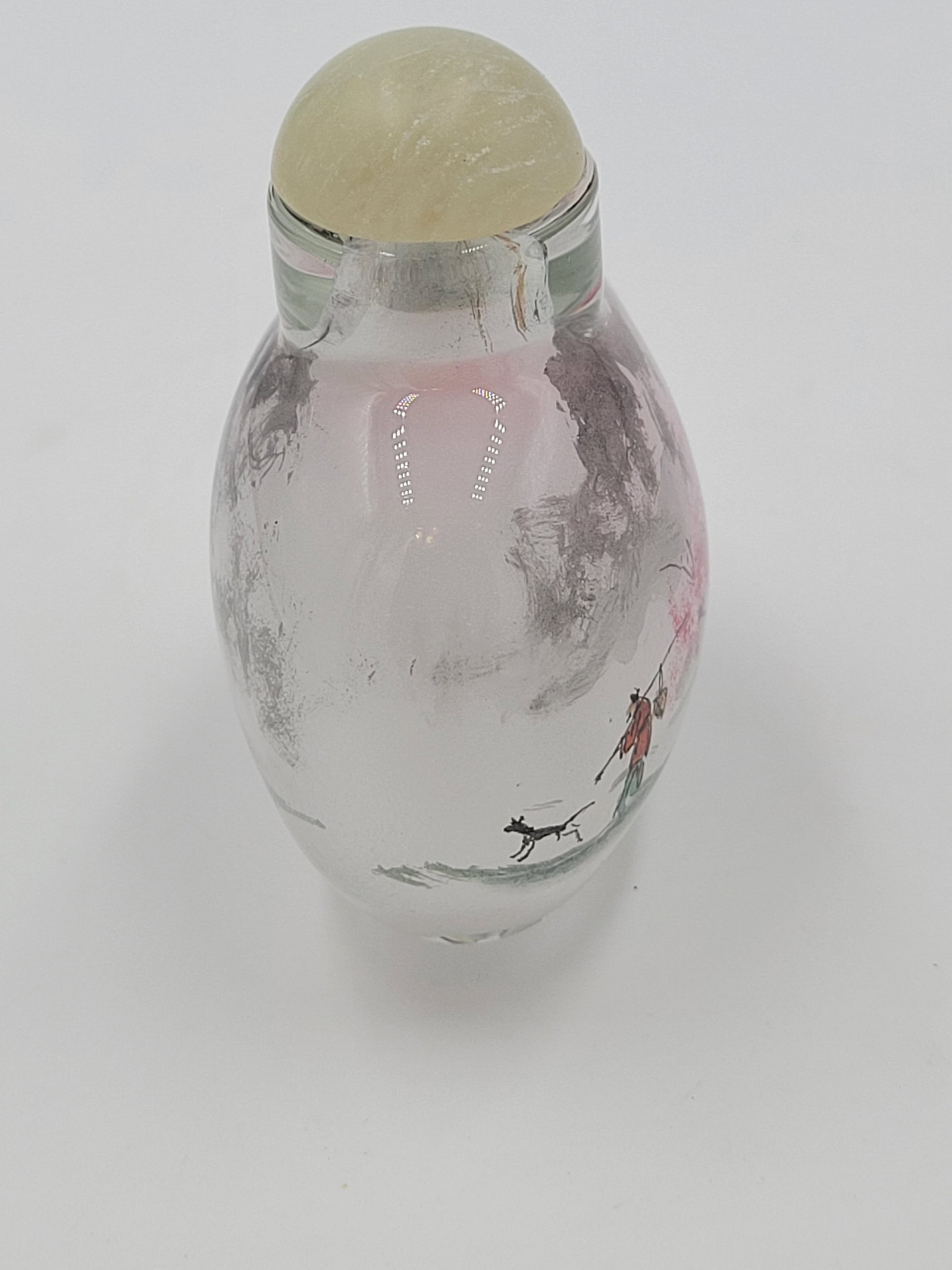 Vintage Chinese Inside-Painted Glass Snuff Bottle Fisherman & Pink Blossom Landscape - 5