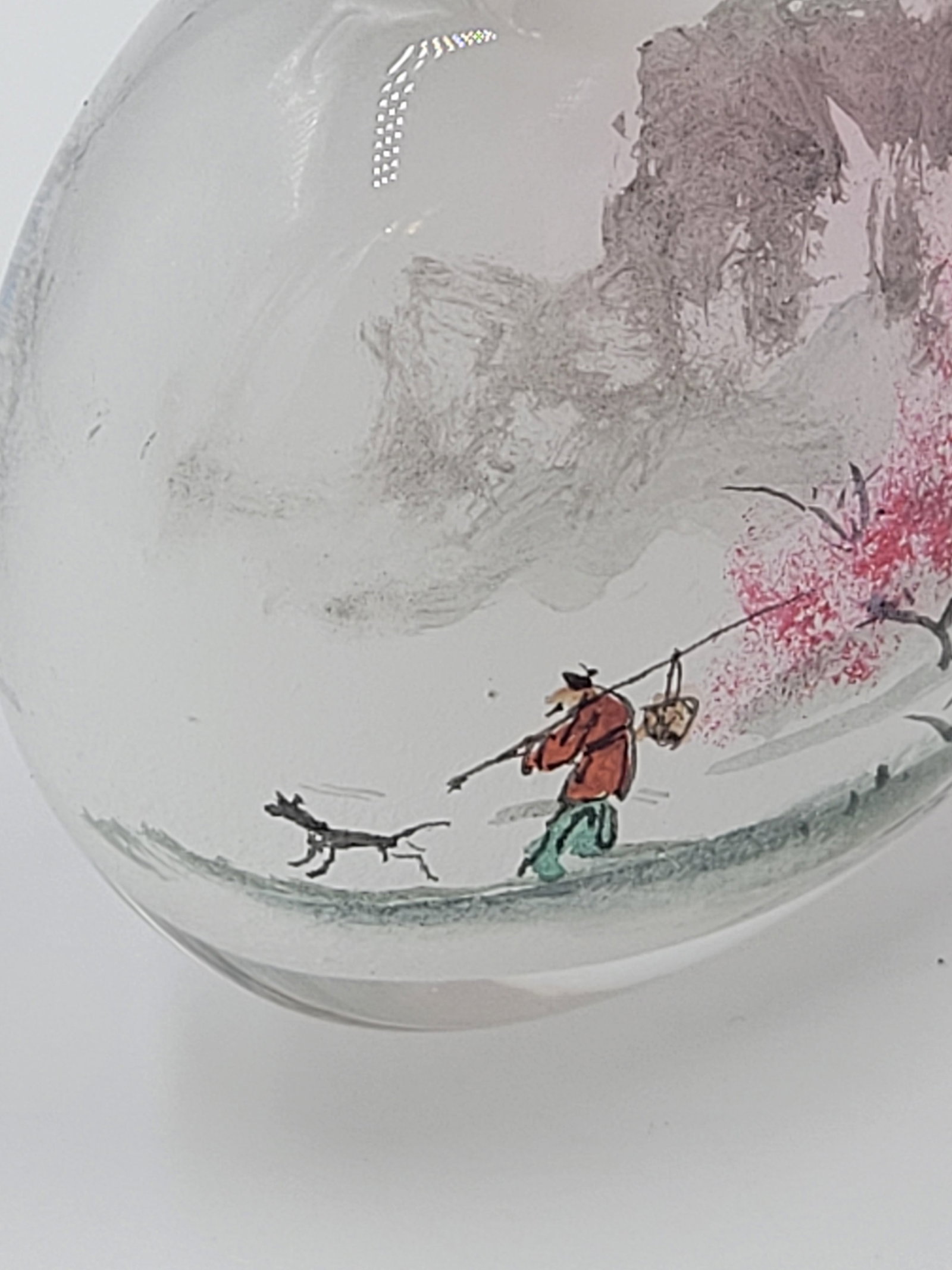 Vintage Chinese Inside-Painted Glass Snuff Bottle Fisherman & Pink Blossom Landscape - 6
