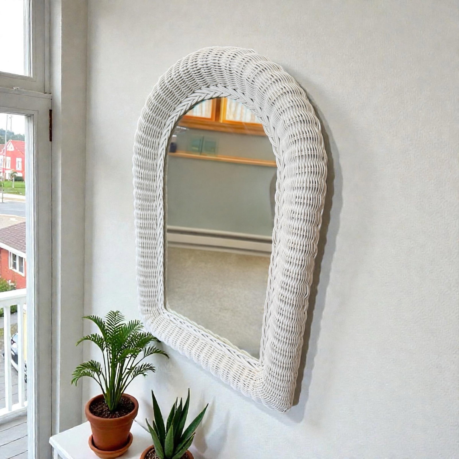 Vintage White Rattan Arched Mirror - 12