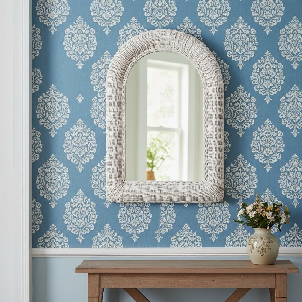 Vintage White Rattan Arched Mirror - 2