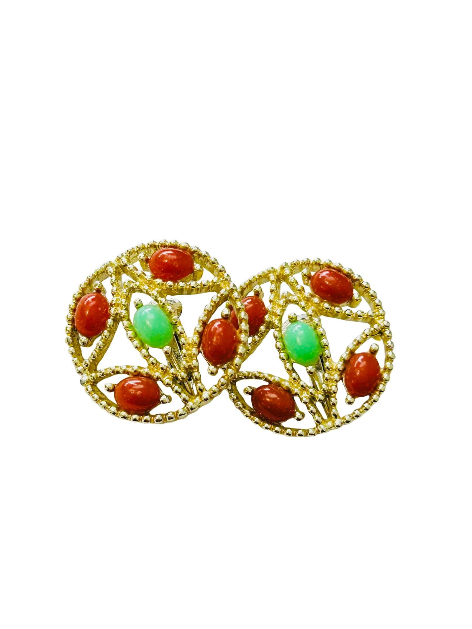 Vintage Sarah Coventry "Acapulco" Clip-on Earrings (1969) – Faux Jade & Carnelian Cabochons, G - 7