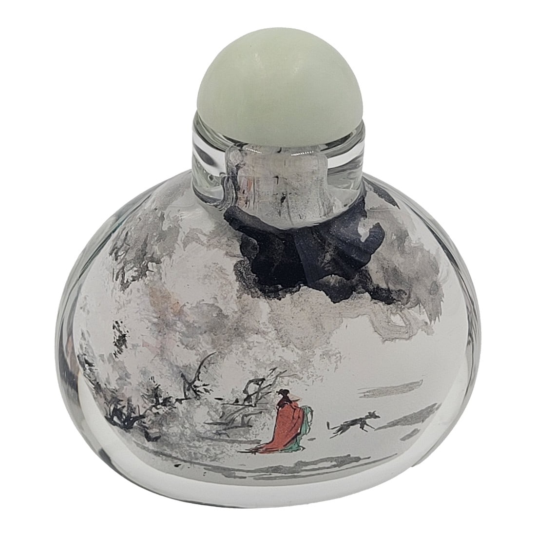 Mid 20th Century Chinese Inside-Painted Glass Snuff Bottle Winter Traveler in Misty Mountains: A captivating vintage Chinese snuff bottle featuring the traditional "Nei Hua" (inside painting) technique. This particular piece stands out for its moody, atmospheric landscape rendered in a style