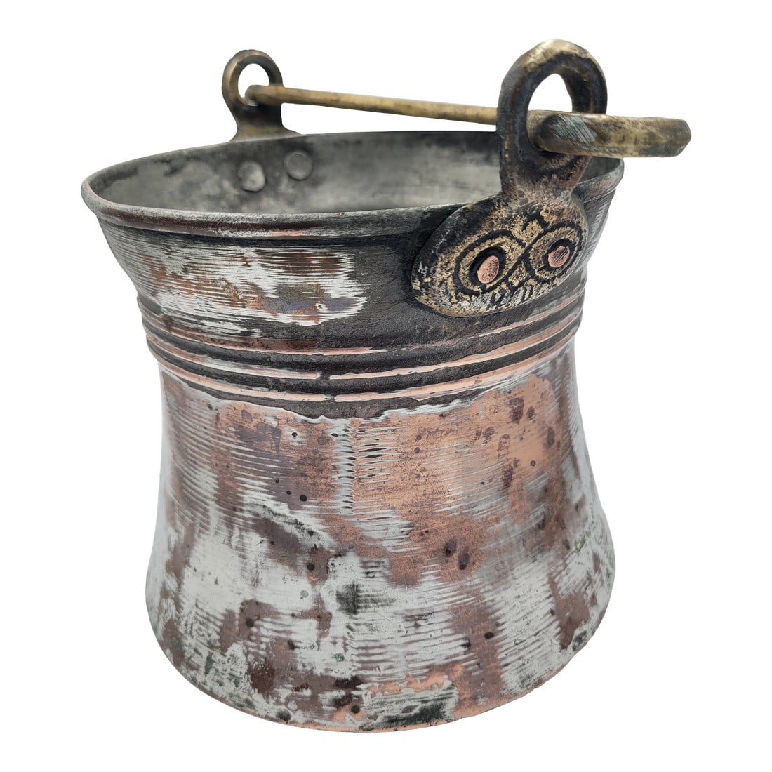 19th Century Ottoman Turkish Tinned Copper Bucket With Brass Swing Handle: This authentic antique Turkish bucket features a hand-hammered copper body with a traditional tinned interior. Characterized by its flared "elephant foot" base and mid-body ribbing, the piece is toppe