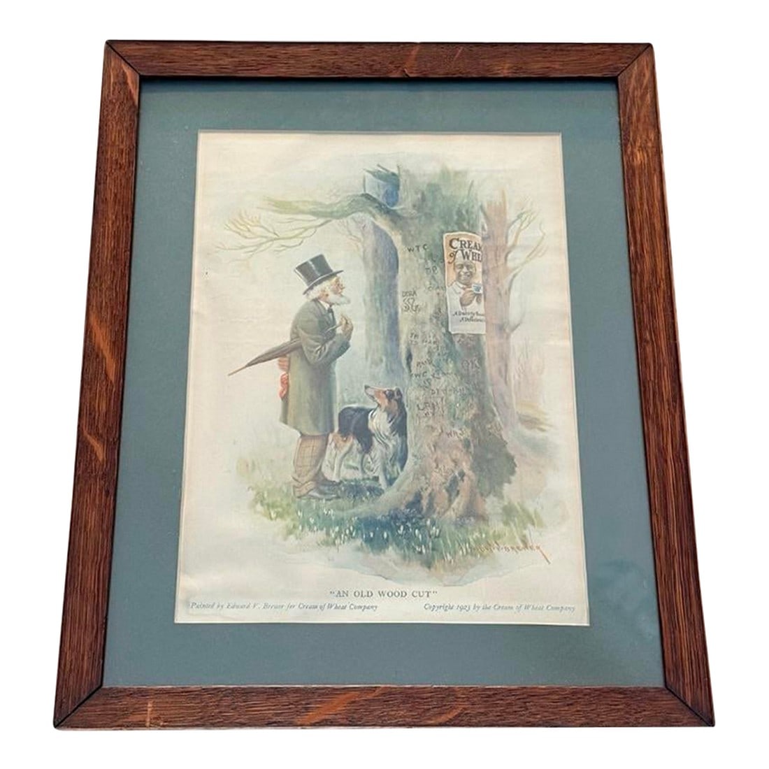 1923 Cream of Wheat Advertising Print "An Old Wood Cut" in Original Frame: This piece is pure nostalgic storytelling. Titled "An Old Wood Cut," this 1923 Cream of Wheat Company advertising print captures a charming woodland scene "” an older gentleman in sporting