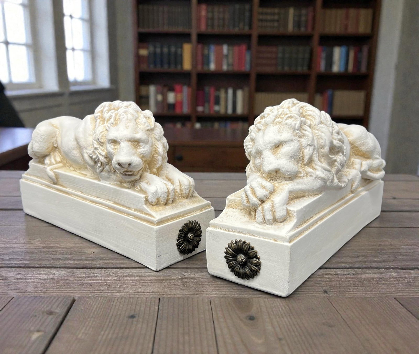 1990s Neoclassical Recumbent Lion Bookends by House Parts – Ivory Architectural Library Decor, - 2