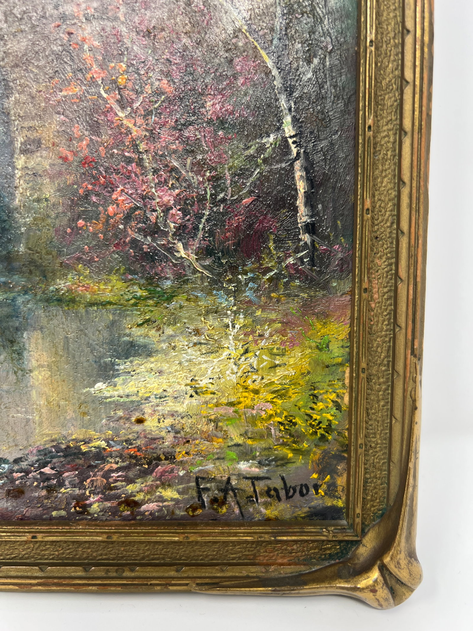 Signed Early 20th Century Impressionist Landscape Oil by F. A. Tabor, Gilt Piecrust Frame - 2