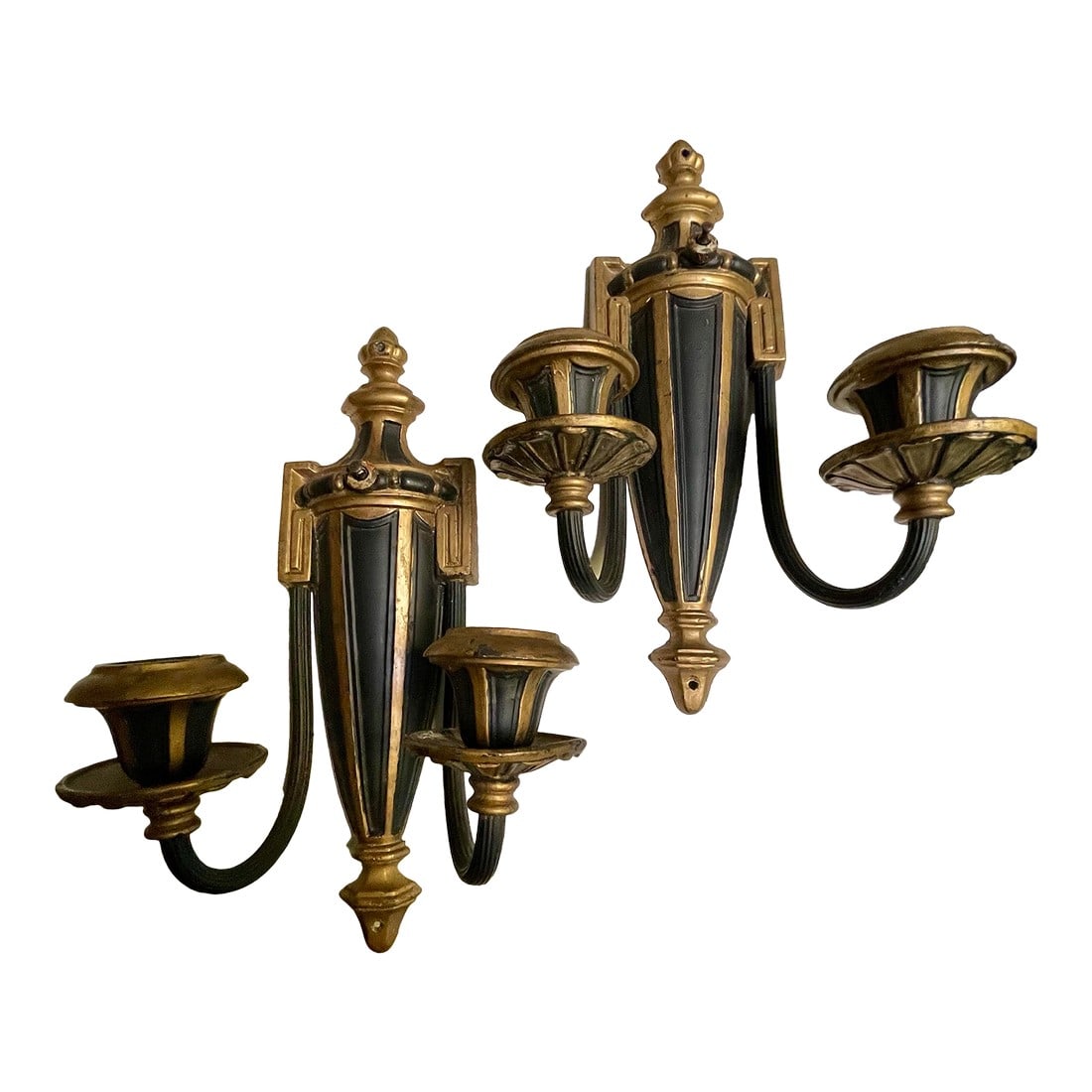 Mid 20th Century Neoclassical Style Greek Key & Urn Cast Metal Wall Candle Sconces Signed Empire: This is a great looking pair of neoclassical style sconces with a streamlined urn shape in the center and Greek Key designs where the arms meet the urn. The sconces were once electrified, they are not