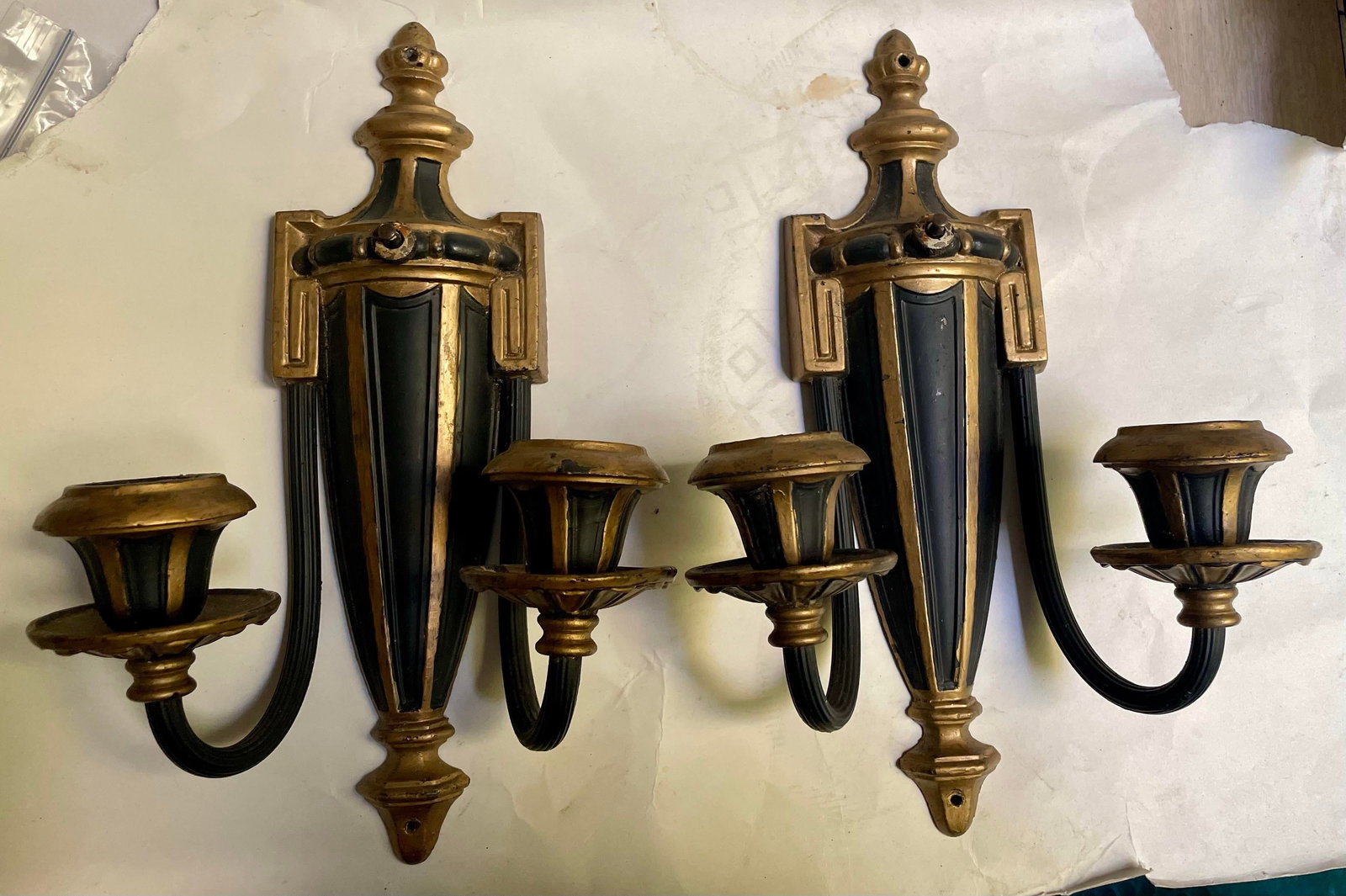 Mid 20th Century Neoclassical Style Greek Key & Urn Cast Metal Wall Candle Sconces Signed Empire - 2