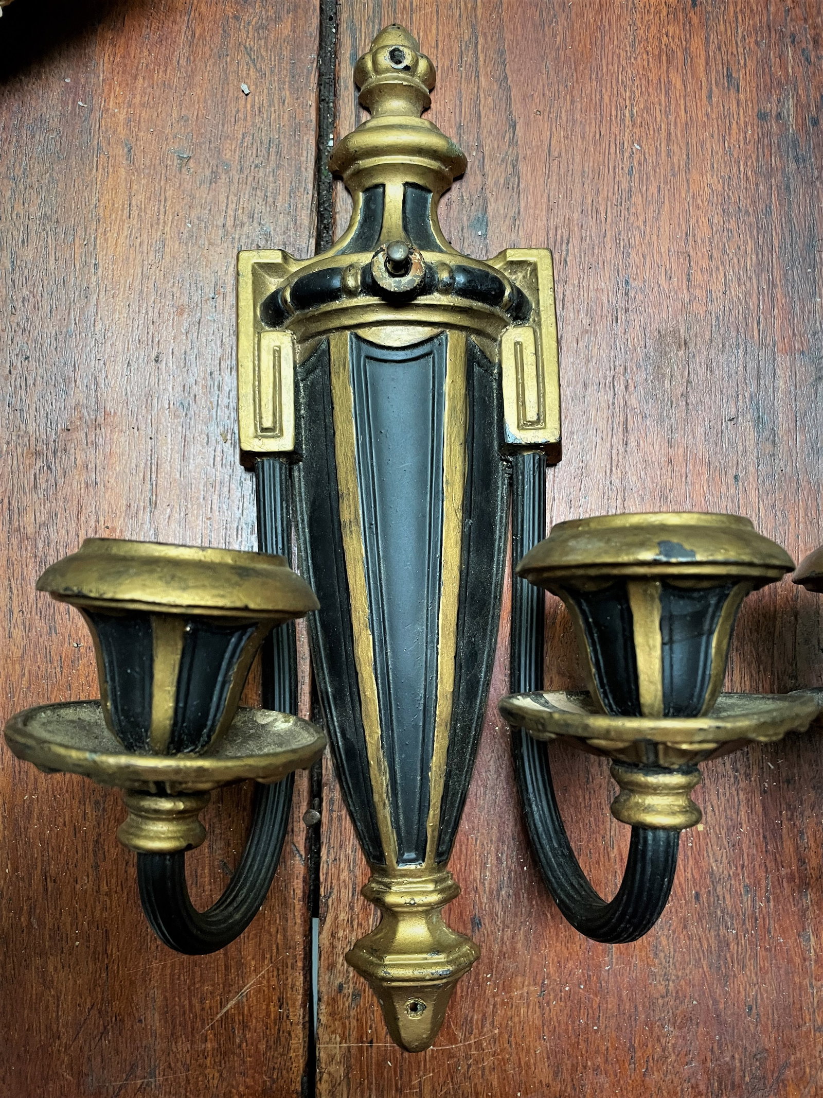 Mid 20th Century Neoclassical Style Greek Key & Urn Cast Metal Wall Candle Sconces Signed Empire - 3