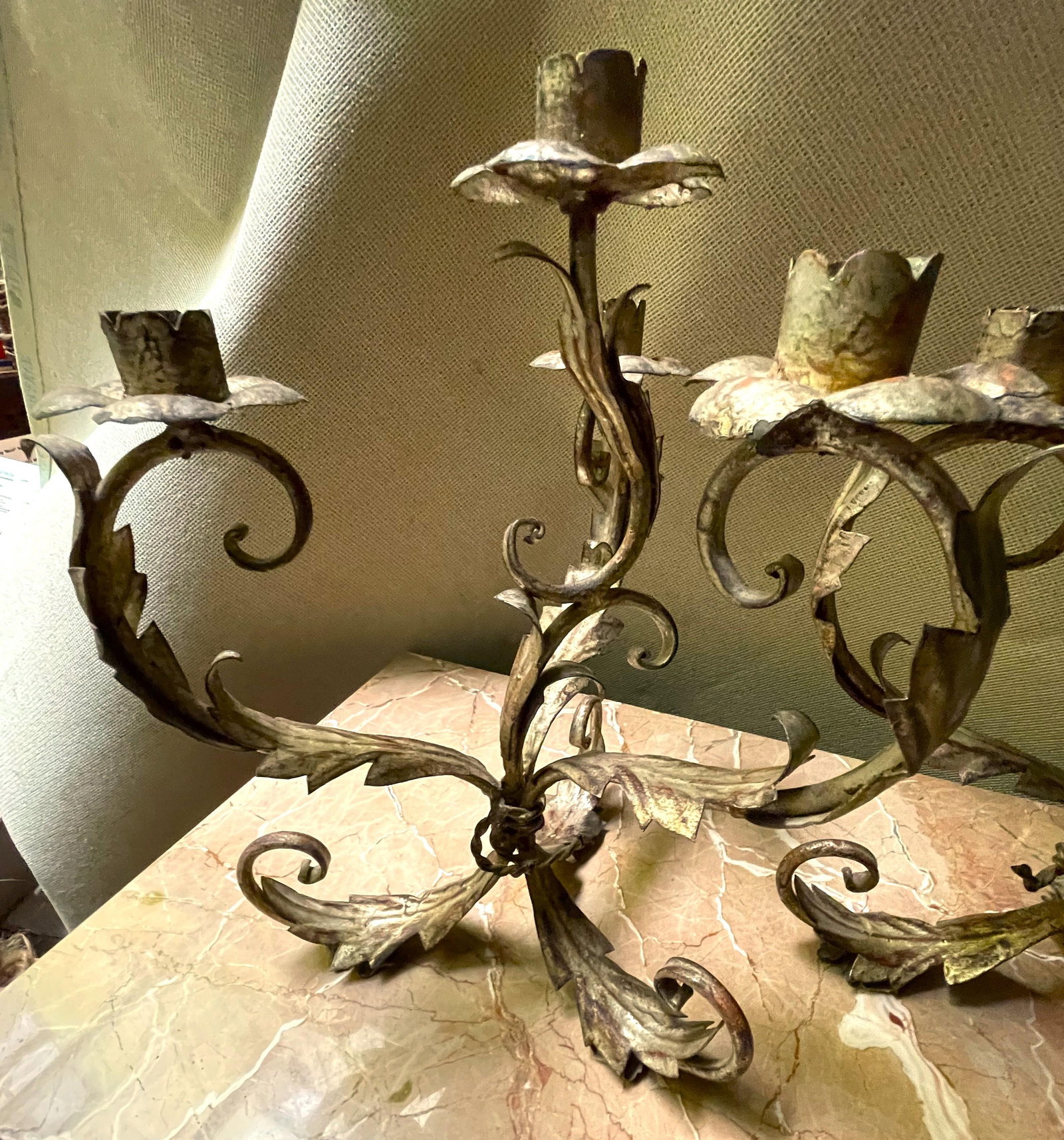 Mid 20th Century Pair of Italian Silver Gilt Tole 4 Light Candelabra Candle Holder Lights Leaf & Swi - 4