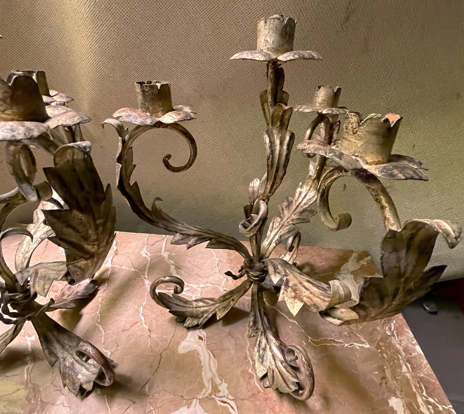 Mid 20th Century Pair of Italian Silver Gilt Tole 4 Light Candelabra Candle Holder Lights Leaf & Swi - 6