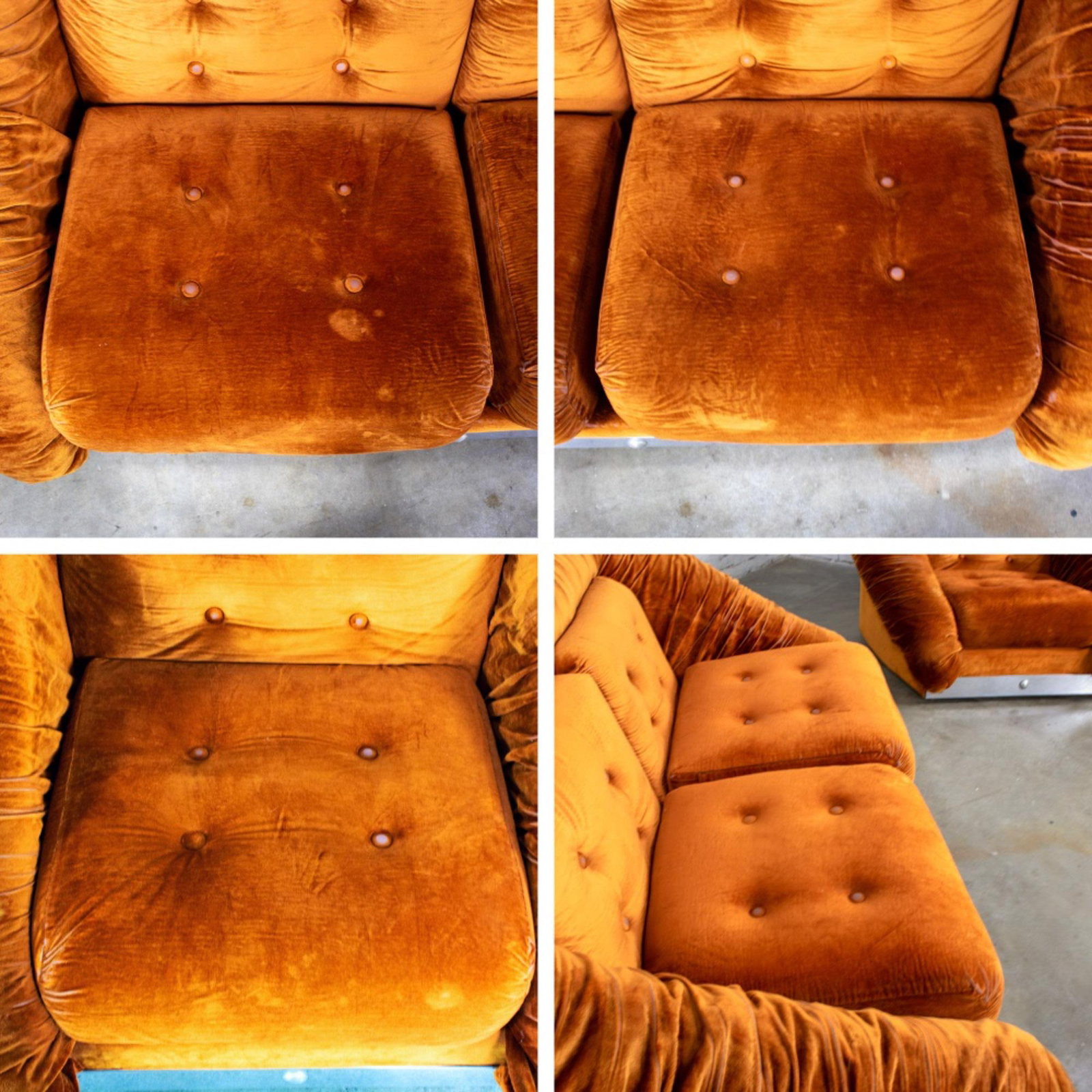 Late 20th Century Modern to Postmodern Low-Slung Loveseat & Chair Set Burnt Orange Velvet & Aluminum - 16