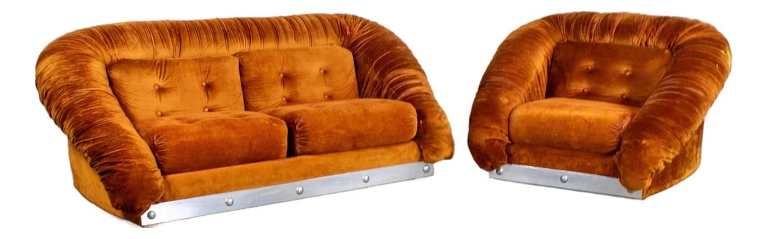 Late 20th Century Modern to Postmodern Low-Slung Loveseat & Chair Set Burnt Orange Velvet & Aluminum: Fabulous vintage Modern to Postmodern very low slung sofa or loveseat & chair fully upholstered in a burnt orange velvet fabric with rolled-barrel shaped ruched backs & arms, loose zippered foam seat
