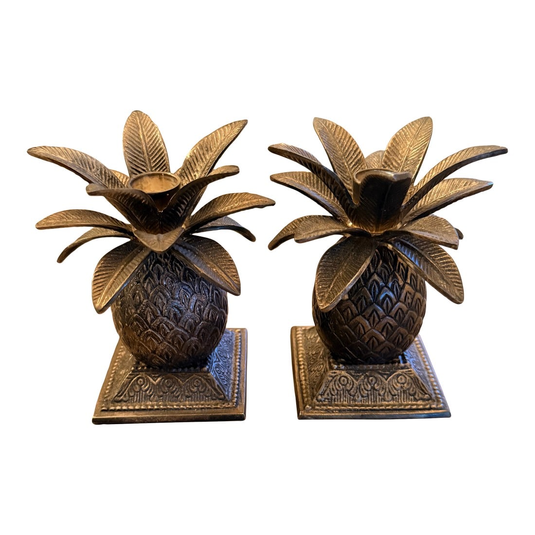 Vintage Silver Pineapple Candlesticks - A Pair: Lovely pair of silver plate candlesticks in the shape of pineapples. They are currently tarnished but I love the color! If you prefer a shinier silver you could polish them up. The bottom is covered