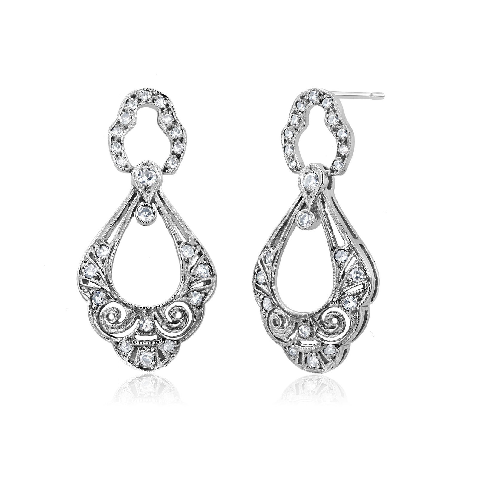 Platinum Vintage Openwork Filigree Drop Earrings With 0.50ct Diamonds, A Pair - 4