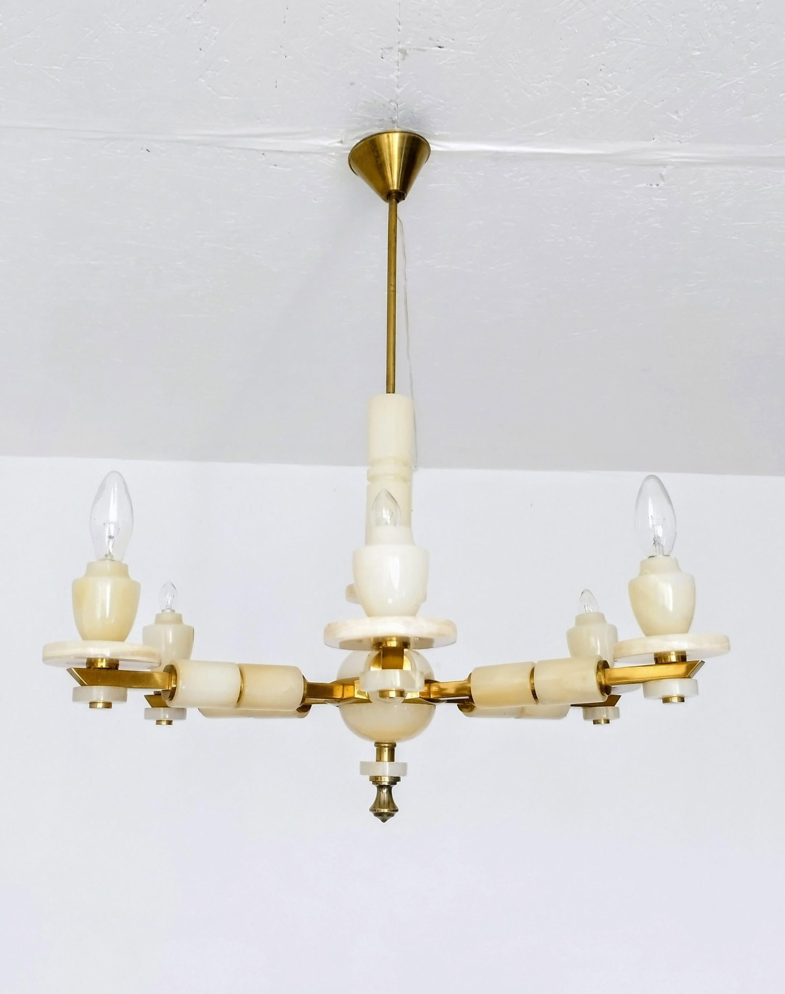 1980s Italian Onyx Brass Vintage Marble Chandelier Lighting Ceiling Fixture Light 6 Arms - 12