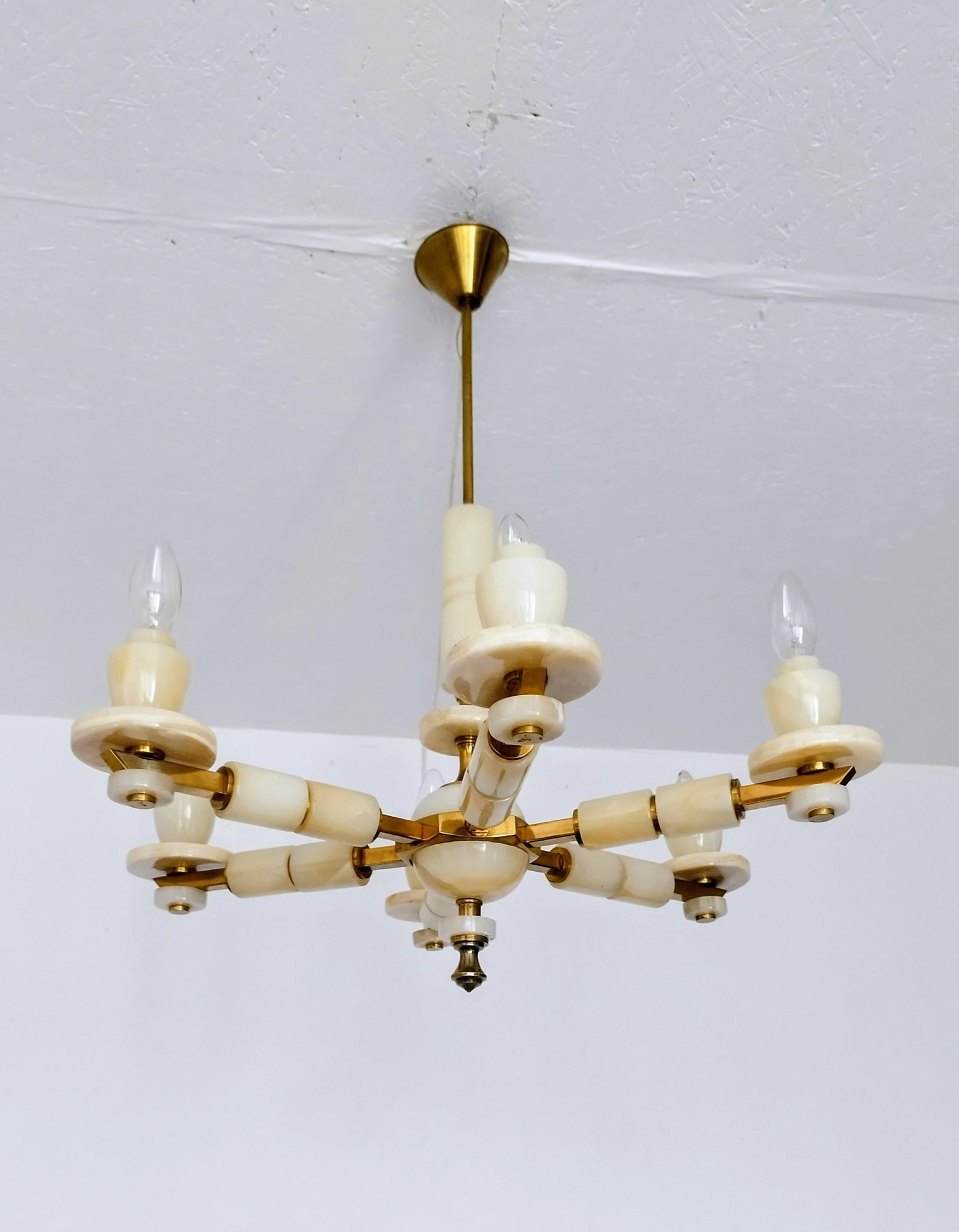 1980s Italian Onyx Brass Vintage Marble Chandelier Lighting Ceiling Fixture Light 6 Arms - 13