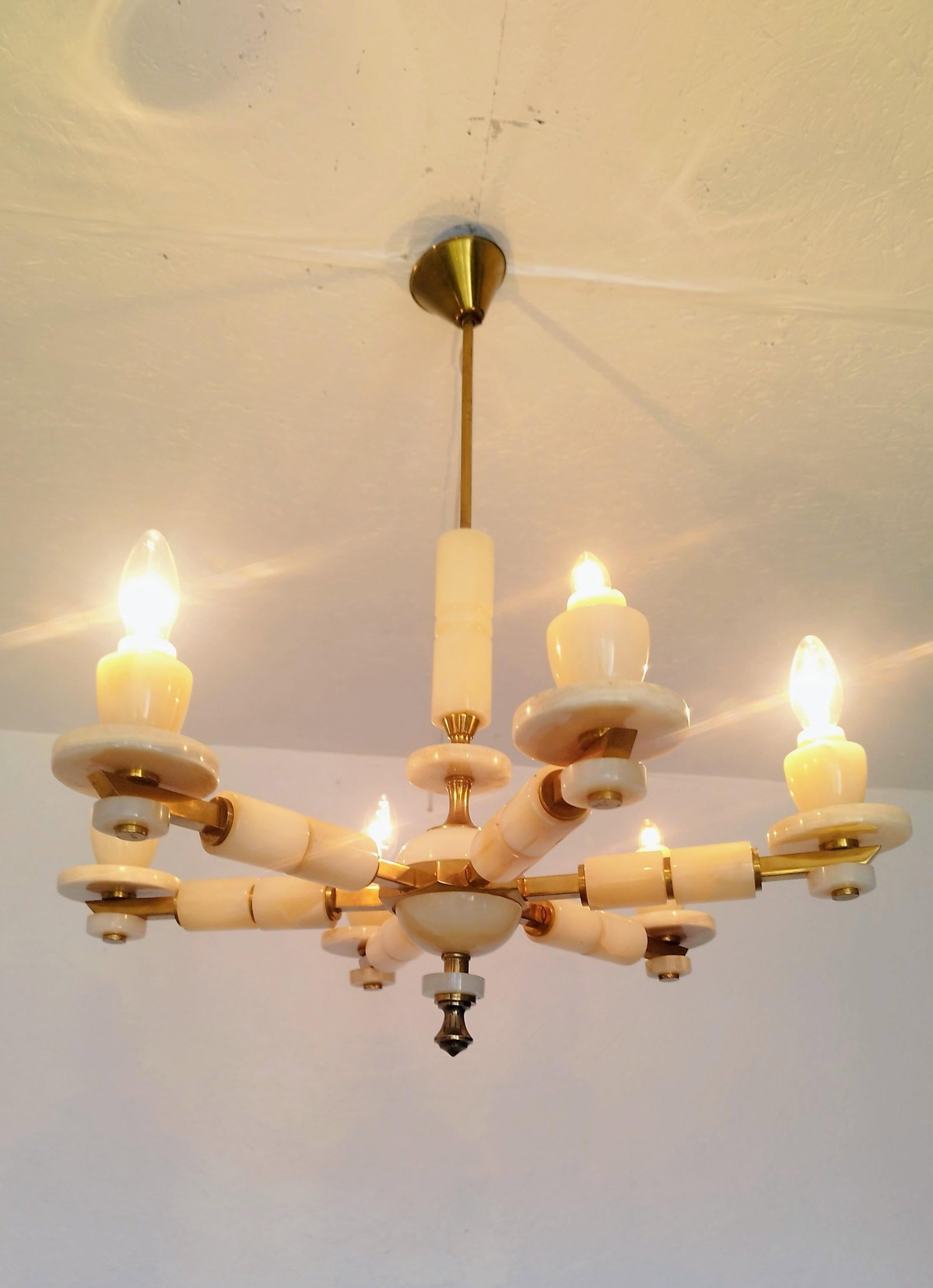 1980s Italian Onyx Brass Vintage Marble Chandelier Lighting Ceiling Fixture Light 6 Arms - 3