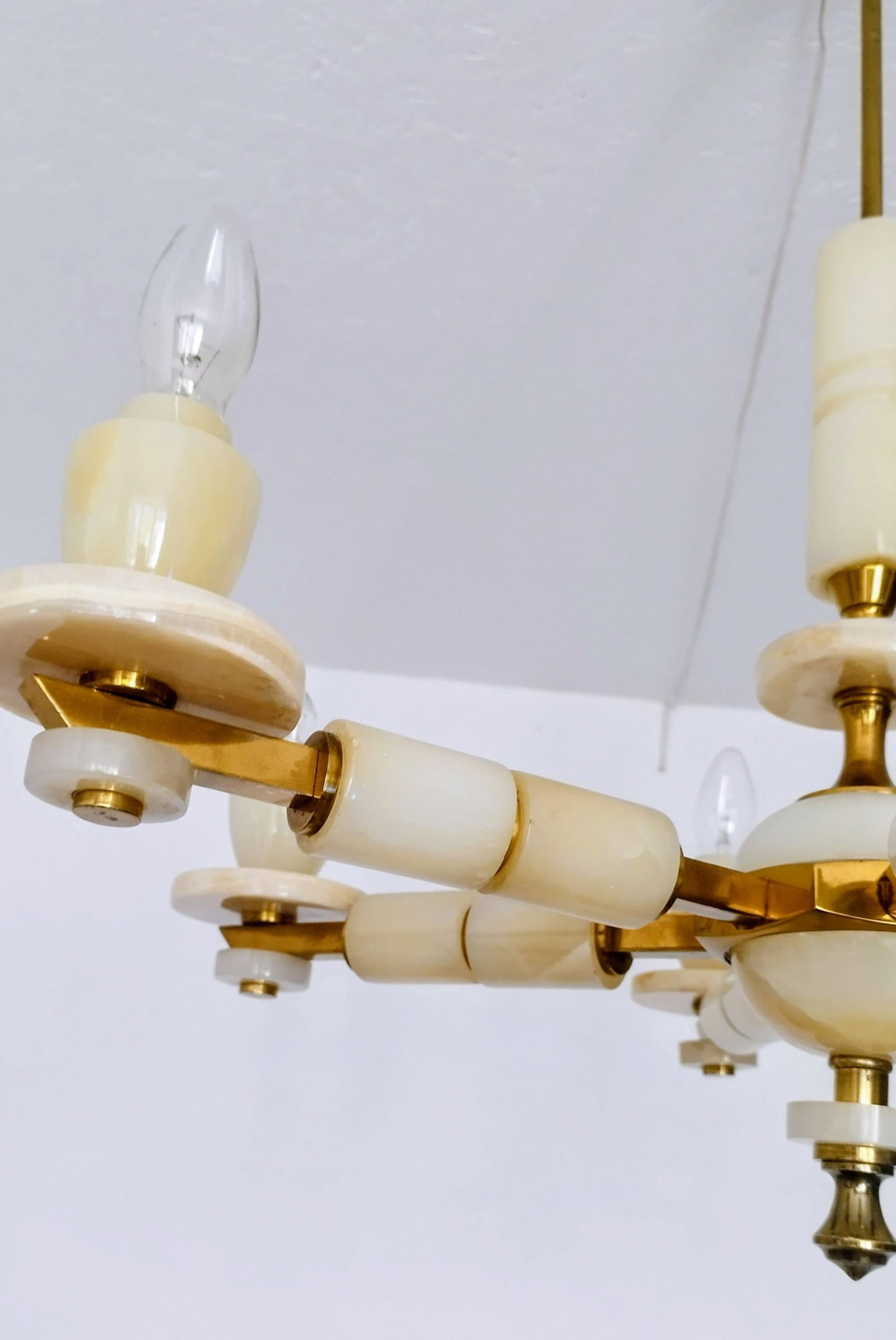 1980s Italian Onyx Brass Vintage Marble Chandelier Lighting Ceiling Fixture Light 6 Arms - 6