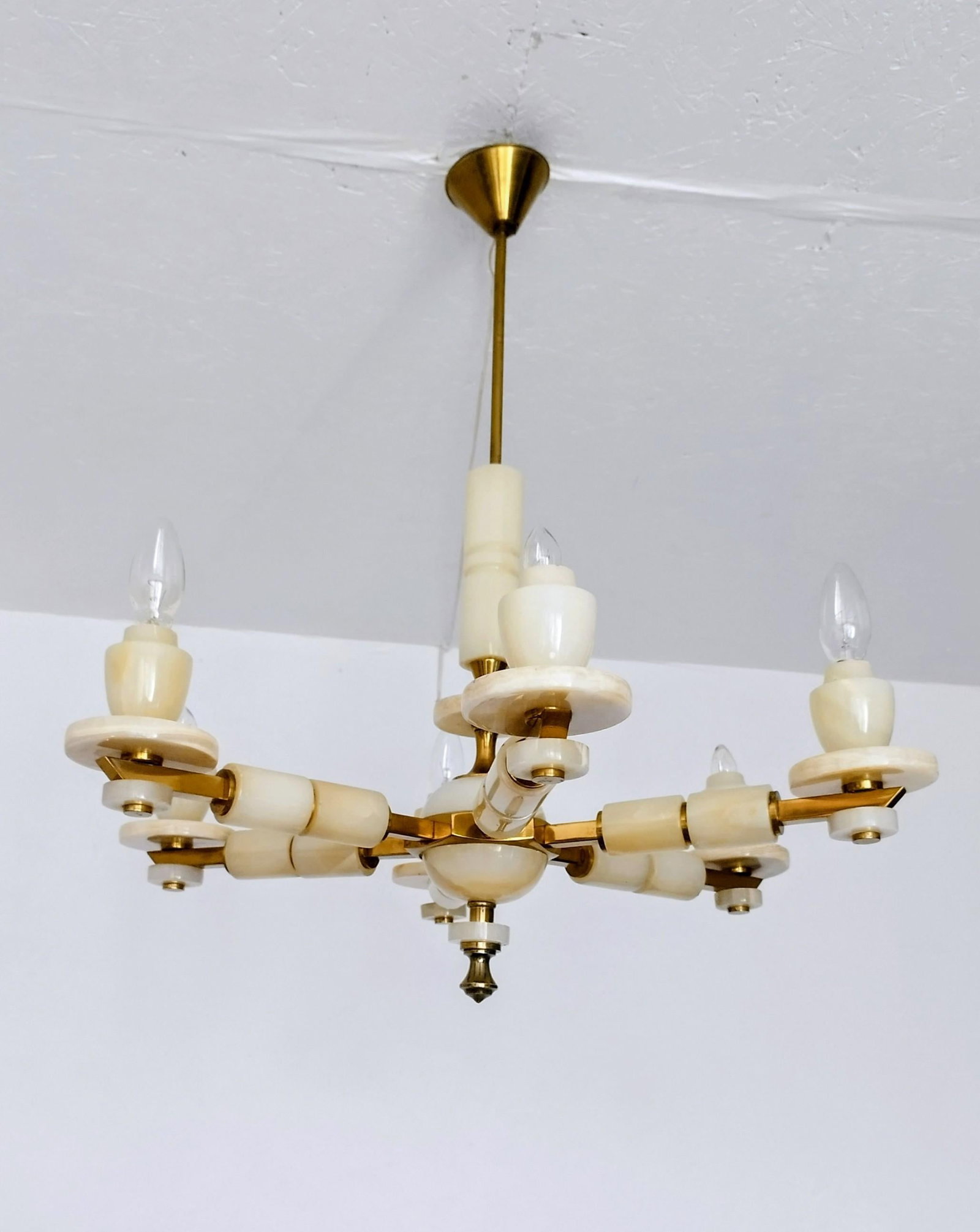 1980s Italian Onyx Brass Vintage Marble Chandelier Lighting Ceiling Fixture Light 6 Arms - 8