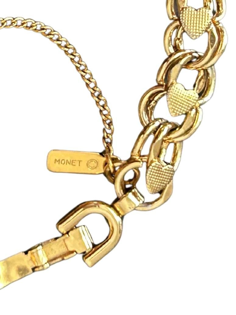 Vintage Monet Signed Gold-Tone Textured Heart Link Charm Bracelet | Mid-Century Designer Costume Jew - 8