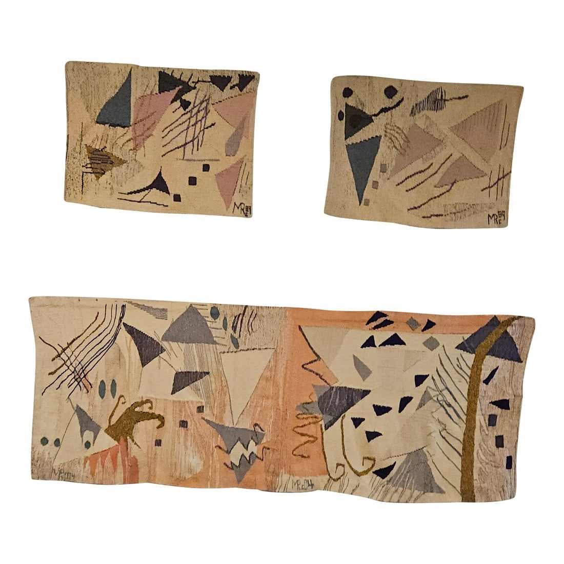 Triangle I and II Over Trinity Tapesrty of the Law of Three Hand Woven Tapestry Series: These handwoven tapestries were designed and hand woven by Myra Reichel starting in the 1990s into the early 2000s. The Law of Three Series - depicts ideas of G. I. Gurdjieff who was a spiritual