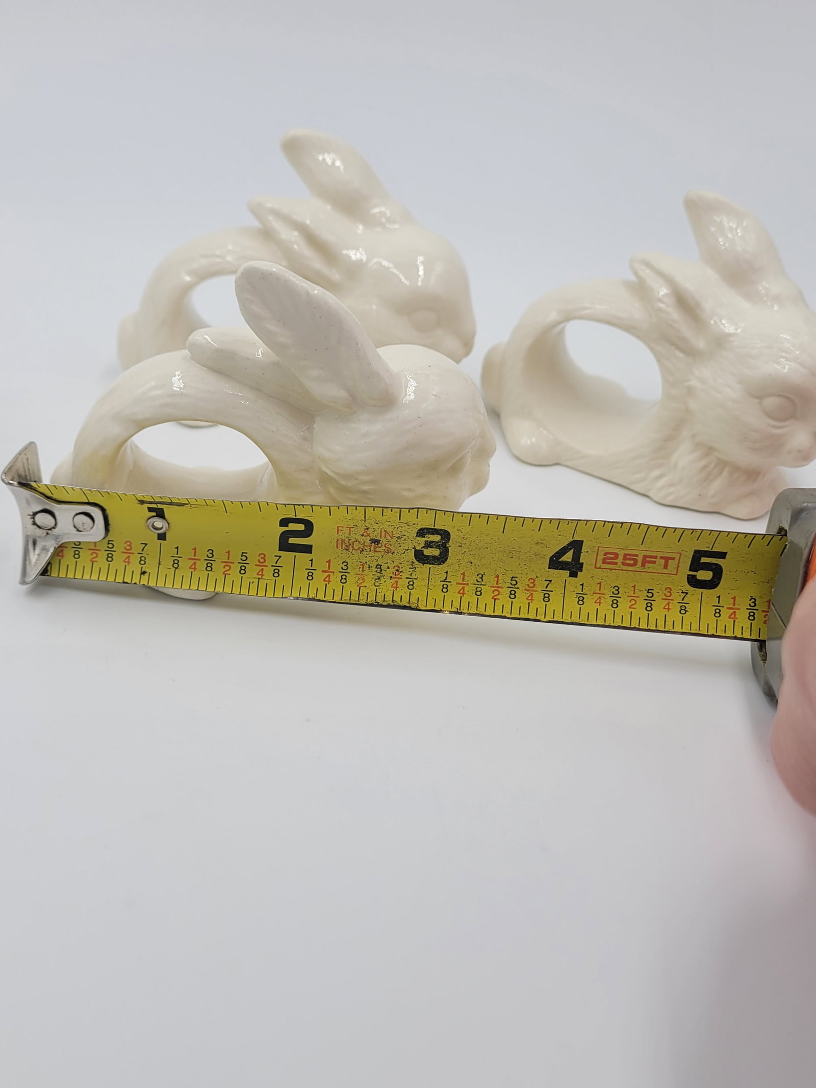 1990s Farmhouse Glazed White Ceramic Bunny Napkin Rings-Set of 4 - 12