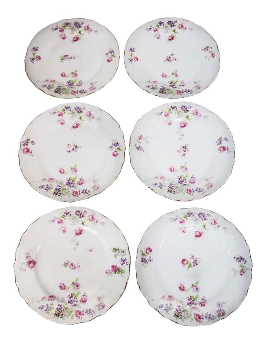 Limoges China Depose Pattern - Set of 6 Plates: Set of 6 Limoges plates in the Depose' pattern. White background with delicate roses scattered around the plate/gold gilt trim. 7 1/2" Condition: Imperfections: No Imperfections Condition Notes: excel