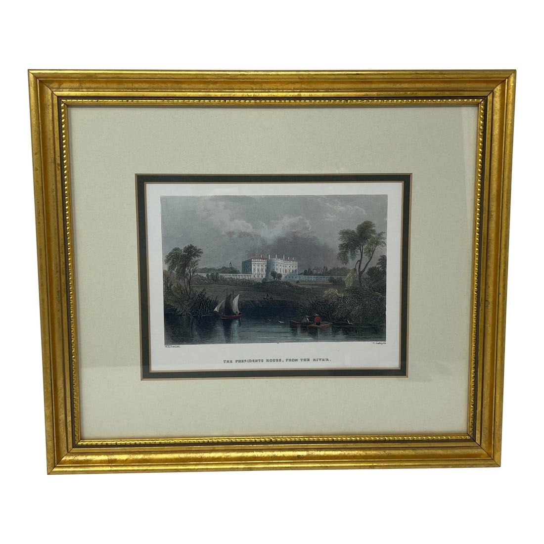 19th Century Hand-Colored Engraving of the White House, "The President's House, From the River": 19th-century hand-colored engraving titled "The President's House, from the River," depicting an early view of the White House from the Potomac. Softly rendered landscape details and period hand