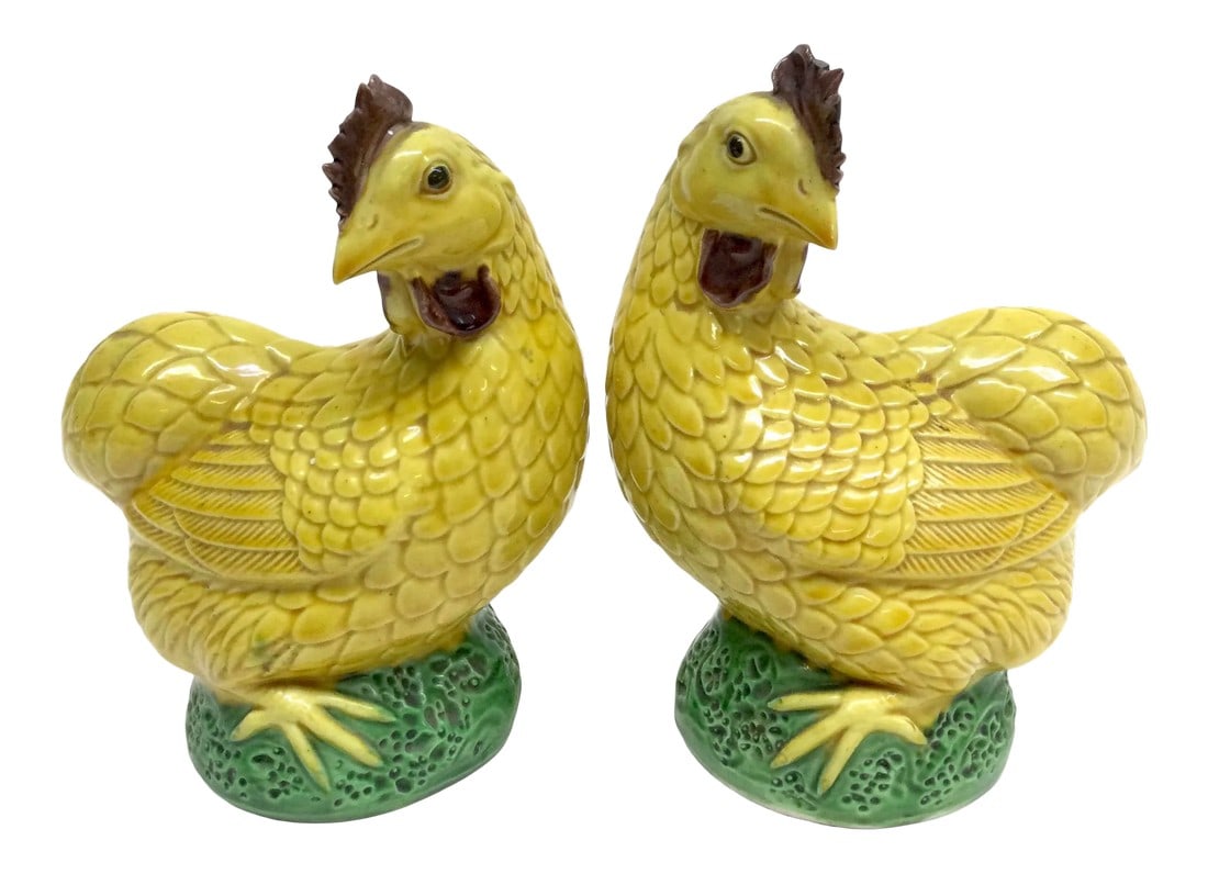 Antique Chinese Porcelain Chicken Figures - a Pair: Stunning pair of yellow chicken figurines made by Chinese artisans for export to England in the 1900s. This pair is in perfect condition with no issues at all. An great investment for every