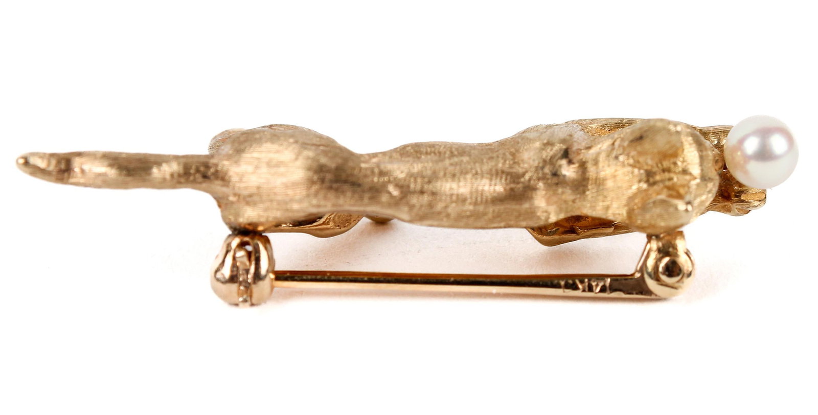 14k Yellow Gold Cat Brooch With 3.9mm Pearl, Late 20th Century - 7