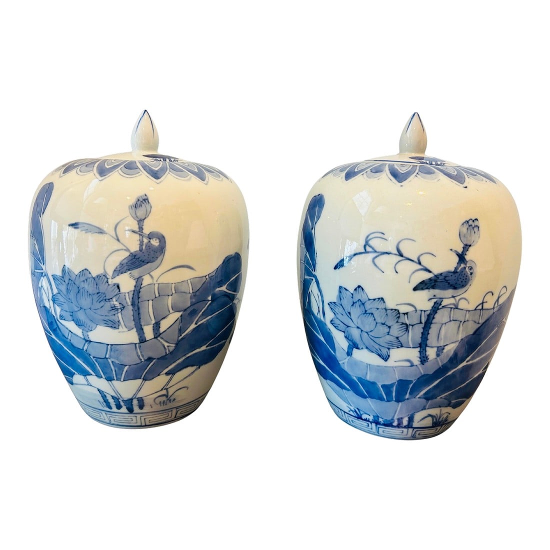 Pair of Vintage Chinese Blue & White Porcelain Ginger Jars With Lids | Chinoiserie Lotus & Bird Moti (1 of 9)