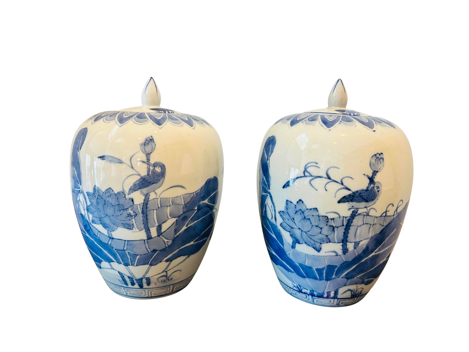 Pair of Vintage Chinese Blue & White Porcelain Ginger Jars With Lids | Chinoiserie Lotus & Bird Moti - 2