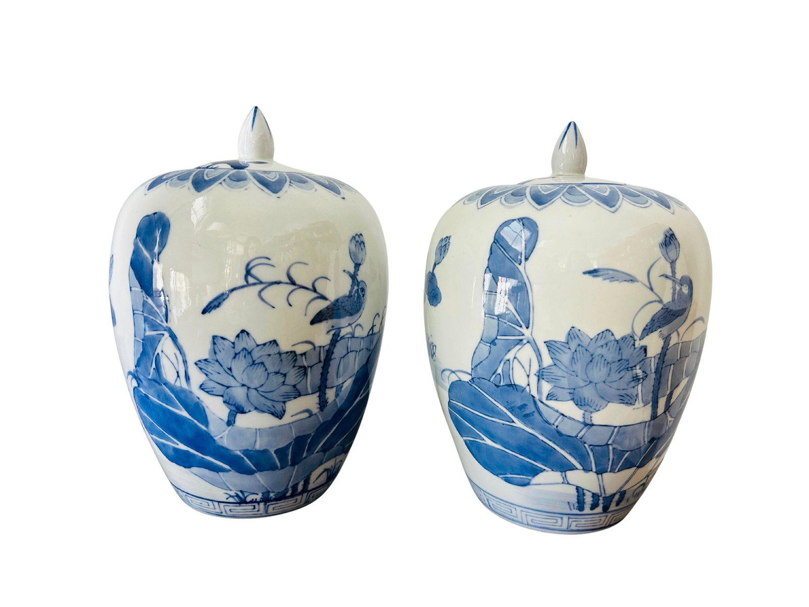 Pair of Vintage Chinese Blue & White Porcelain Ginger Jars With Lids | Chinoiserie Lotus & Bird Moti - 6