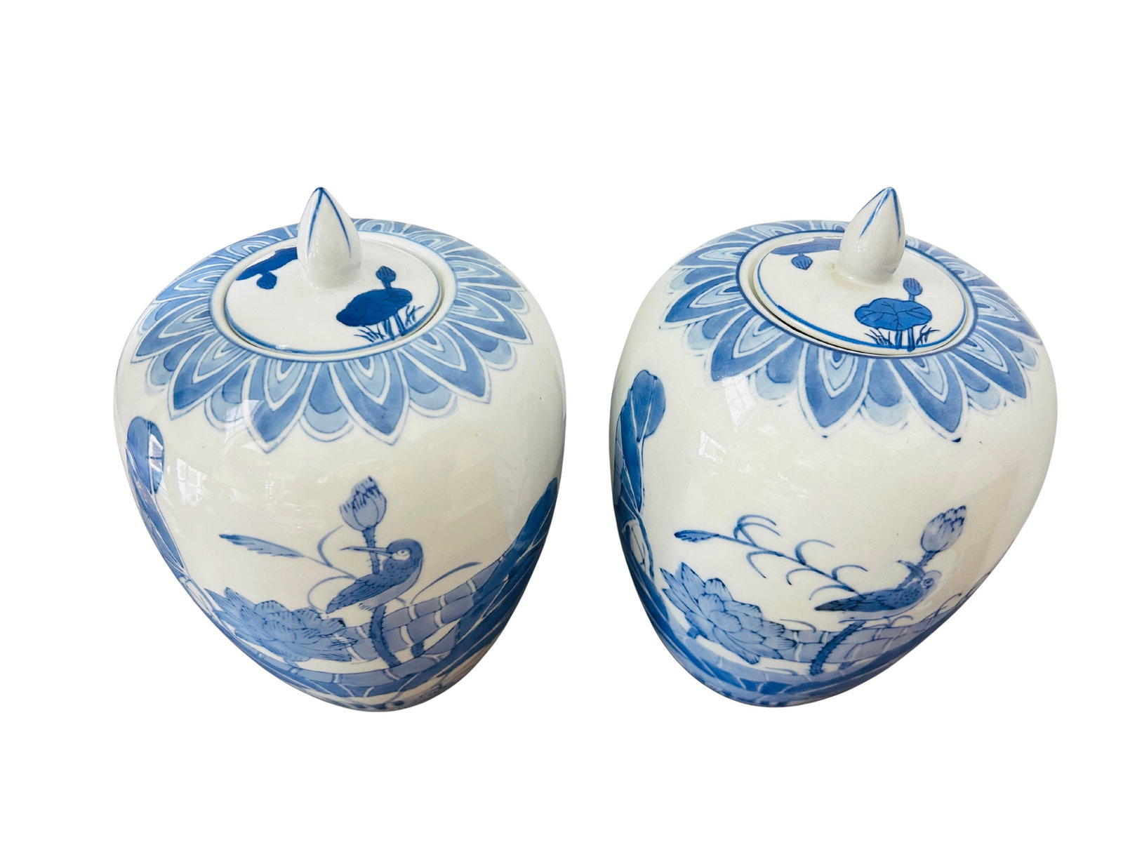 Pair of Vintage Chinese Blue & White Porcelain Ginger Jars With Lids | Chinoiserie Lotus & Bird Moti - 8