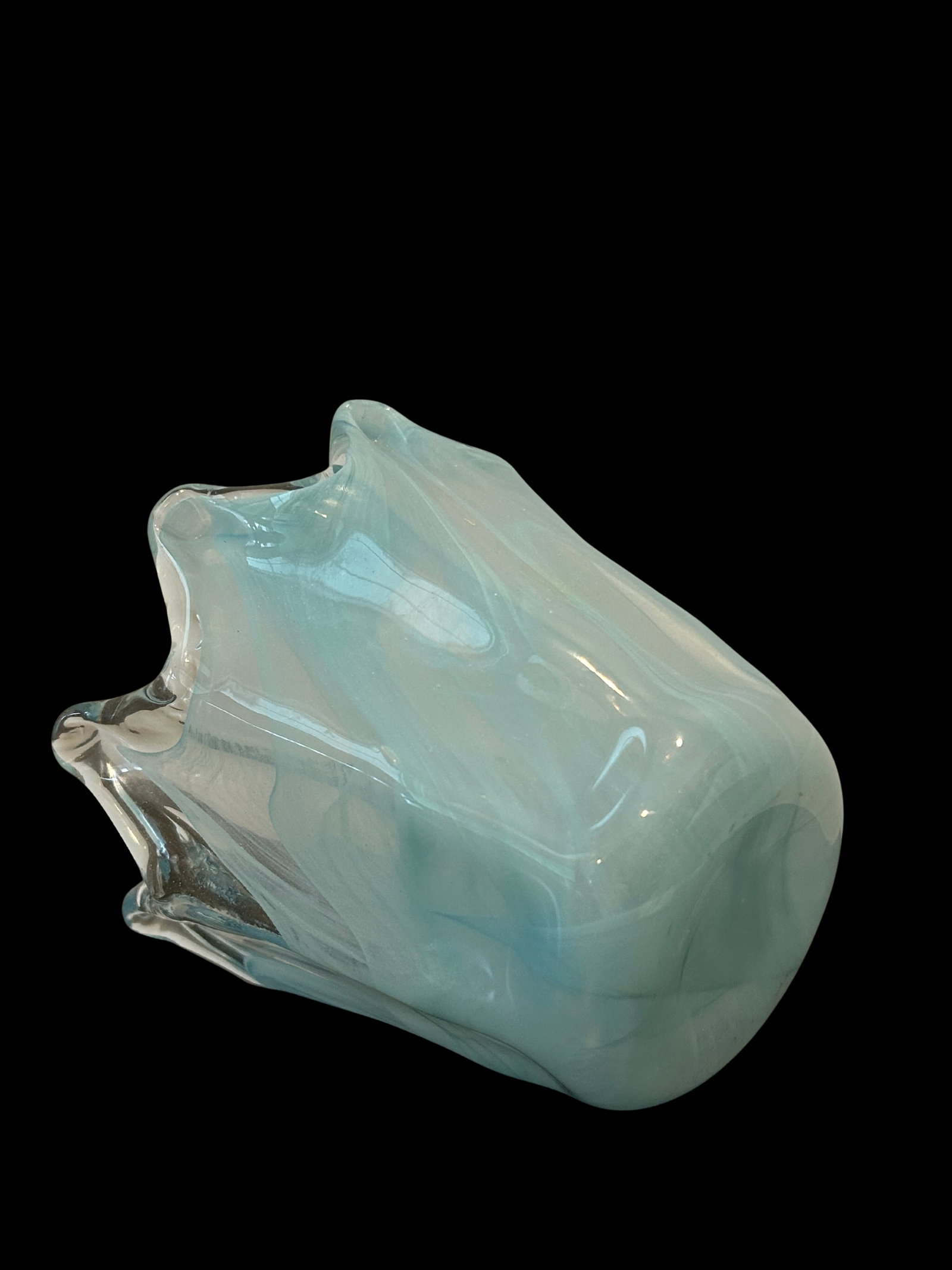 Vintage Murano Style Art Glass Vase | Hand-Blown Italian Blue & White Swirl Opaline Vase With Ruffle - 10