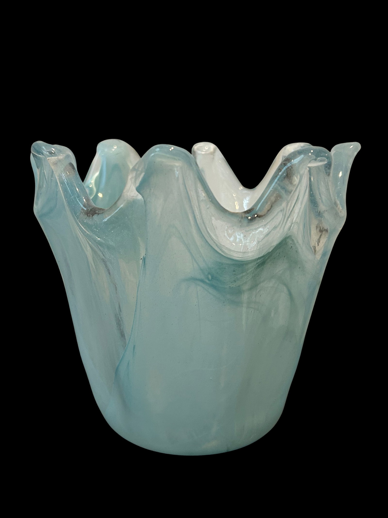 Vintage Murano Style Art Glass Vase | Hand-Blown Italian Blue & White Swirl Opaline Vase With Ruffle - 5