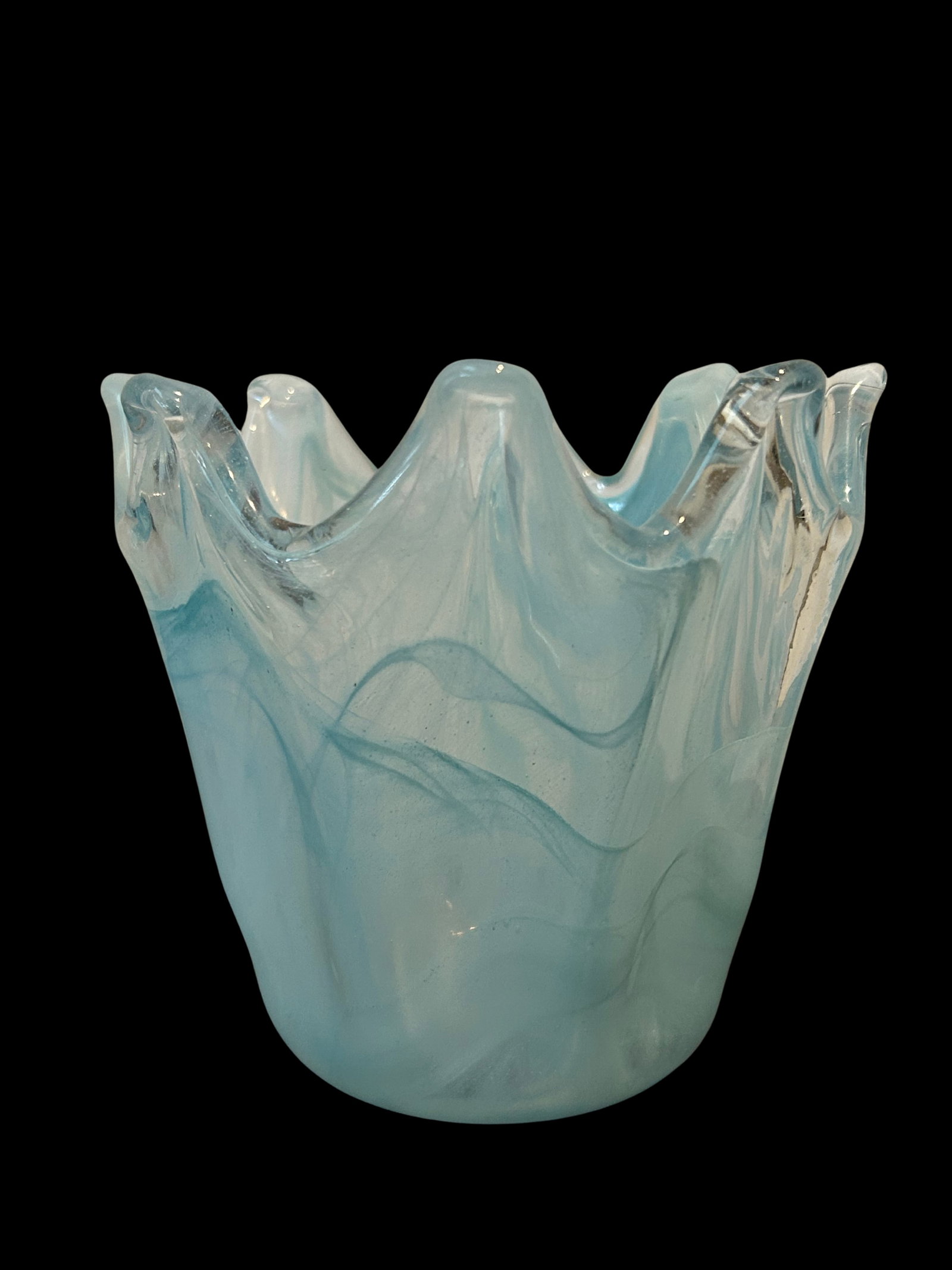 Vintage Murano Style Art Glass Vase | Hand-Blown Italian Blue & White Swirl Opaline Vase With Ruffle - 6